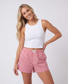 Real Essentials 3 Pack Women's Cotton Pajama Shorts Boxer Lounge Sleepwear PJs with Pockets - Black Gingham, Mineral Red Gingham, Pale Lilac Gingham
