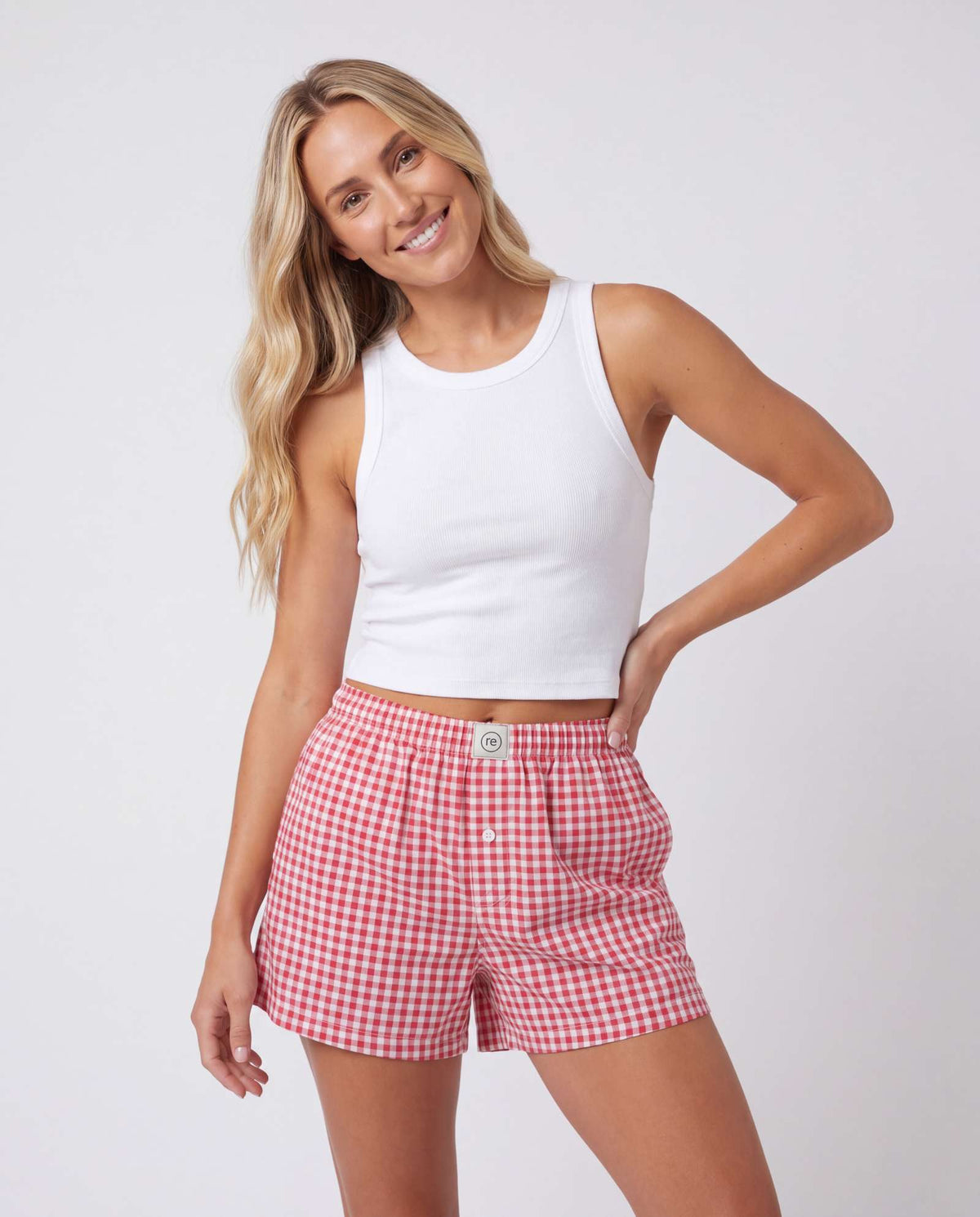 Real Essentials 3 Pack Women's Cotton Pajama Shorts Boxer Lounge Sleepwear PJs with Pockets - Black Gingham, Mineral Red Gingham, Pale Lilac Gingham