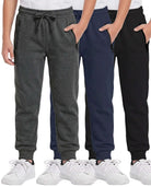 Real Essentials 3 Pack Boys Fleece Joggers Sweatpants Zipper Pockets Athletic Pants Teen - Solid Black, Solid Navy Blazer, Charcoal Heather