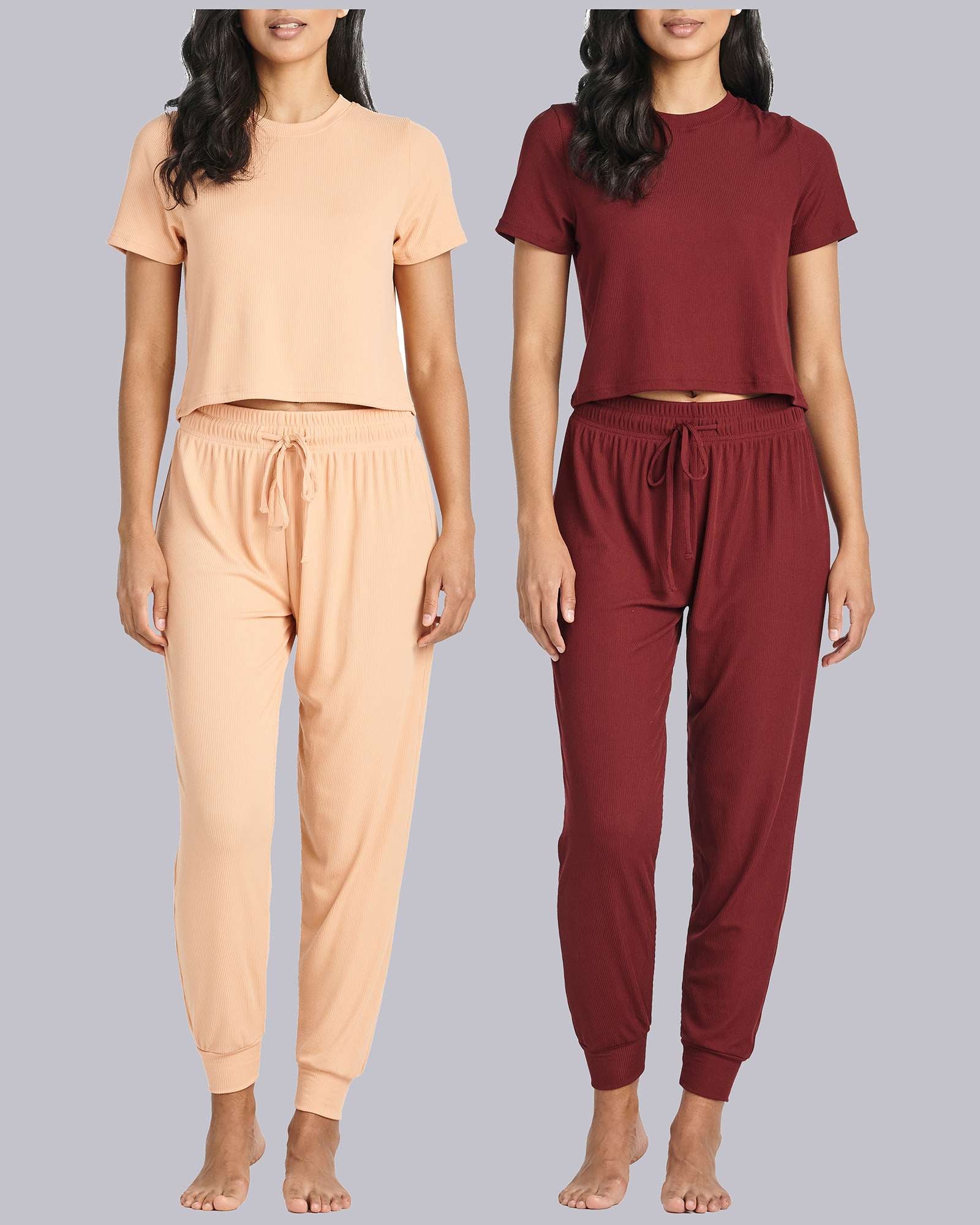 2 Pack: Women's Ribbed Knit Cropped Top with Jogger Sweatpants