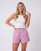 Real Essentials 3 Pack Women's Cotton Pajama Shorts Boxer Lounge Sleepwear PJs with Pockets - Charcoal Art Stripe, Moonlight Mauve Stripe, Transparent Yellow Stripe