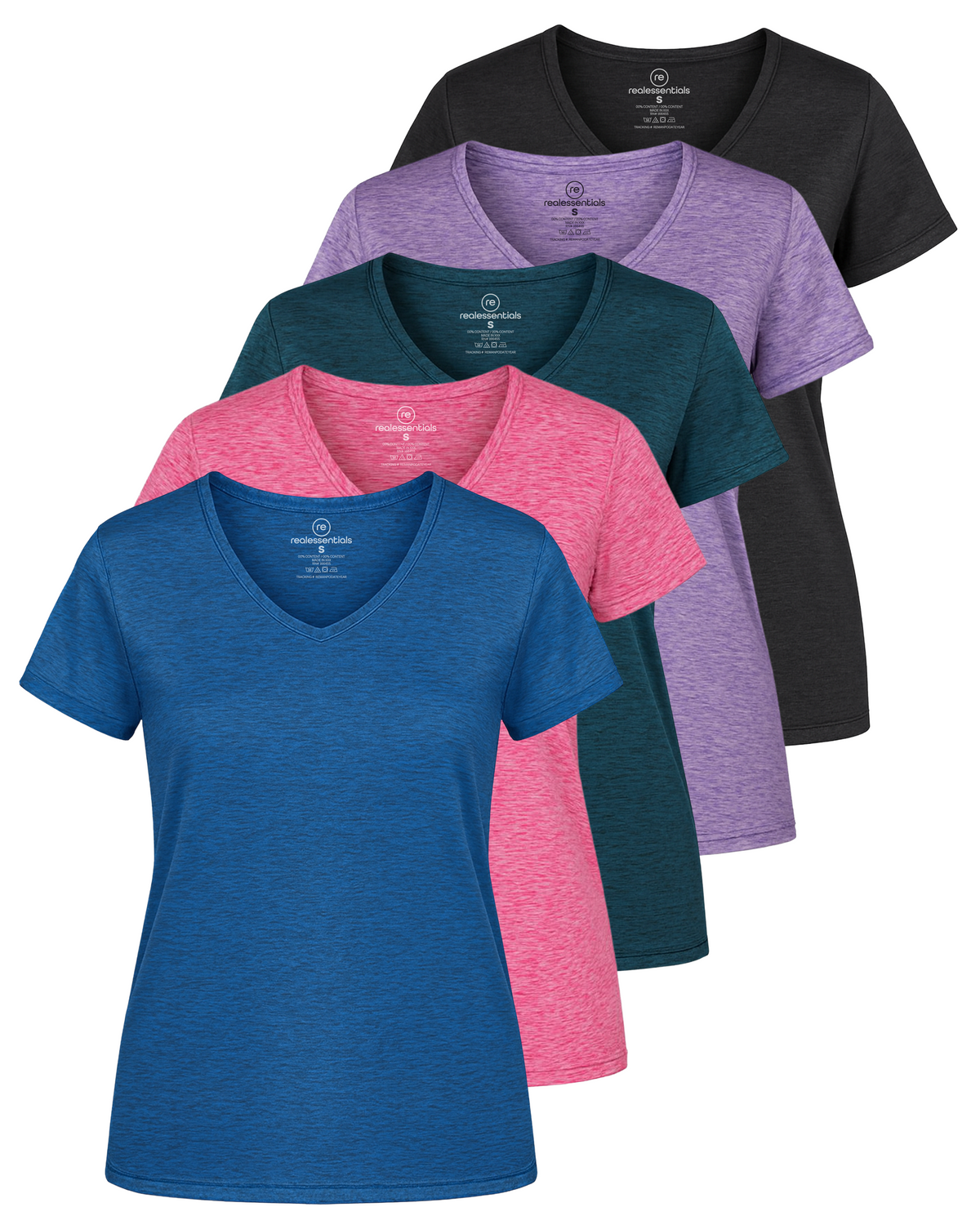 Real Essentials 5 Pack Womens Dry Fit V Neck Workout Tops Athletic T Shirts Gym Yoga Tees - Set 7