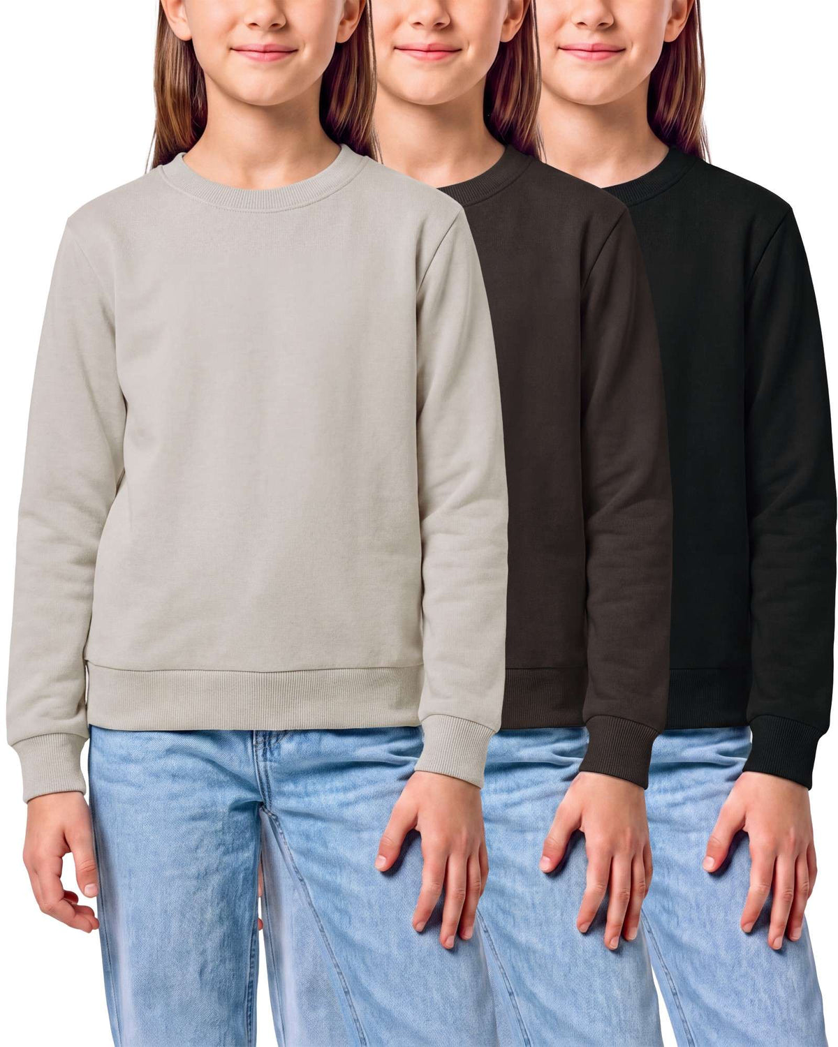 Real Essential 3 Pack Girls' Fleece Crewneck Sweatshirts Sweaters Kids Teens Pullover Tops - Solid Black, Solid Chocolate Torte, Solid Moonbeam