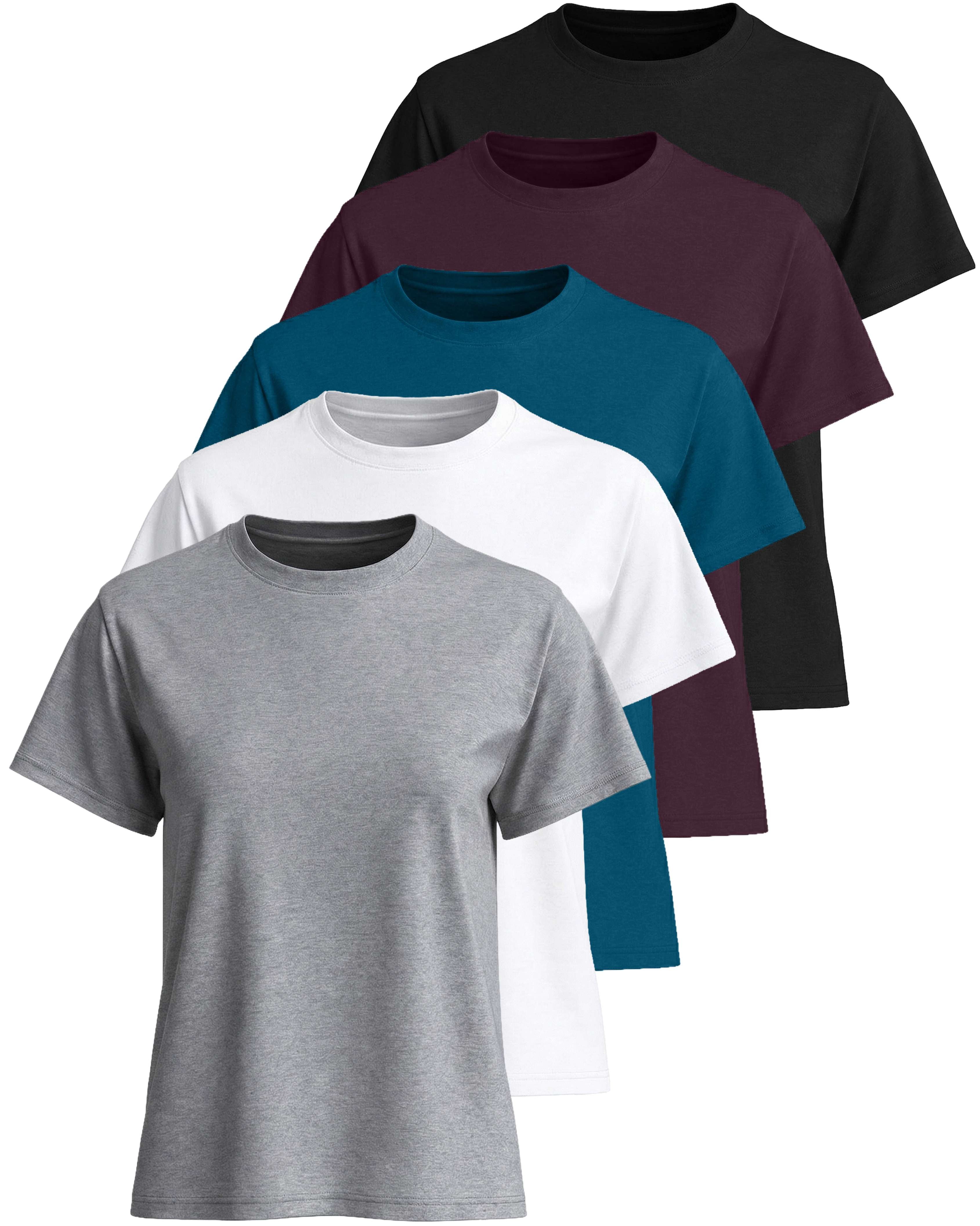 Real Essentials 5 Pack: Women’s 100% Cotton Relaxed Fit Short Sleeve T-Shirts Fashion Trendy Tees (Available in Plus Size)