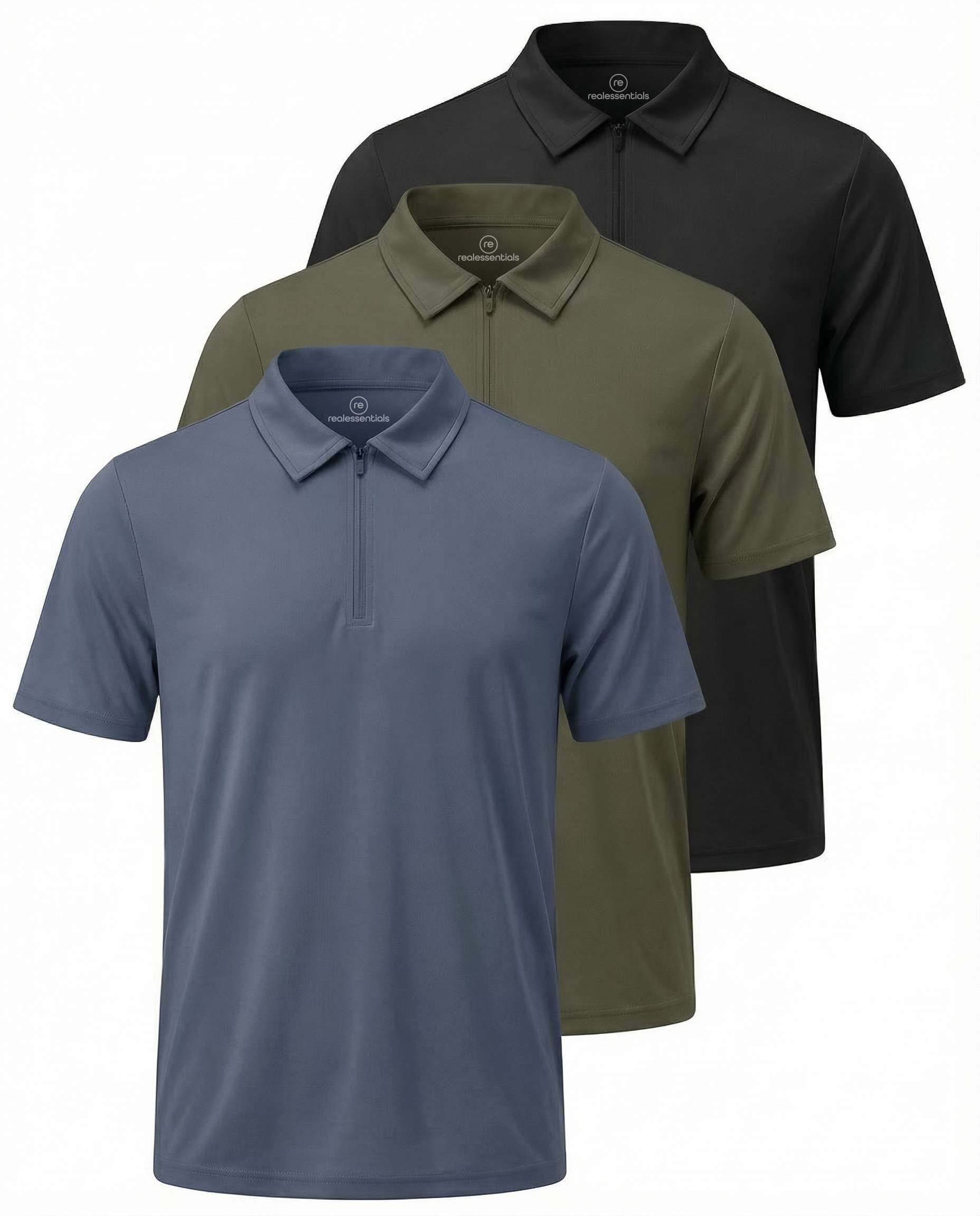 Real Essentials 3 Pack: Men's Polo Shirts Zipper Short Sleeve Dry Fit Quarter Zip Golf Athletic Workout Gym Collared
