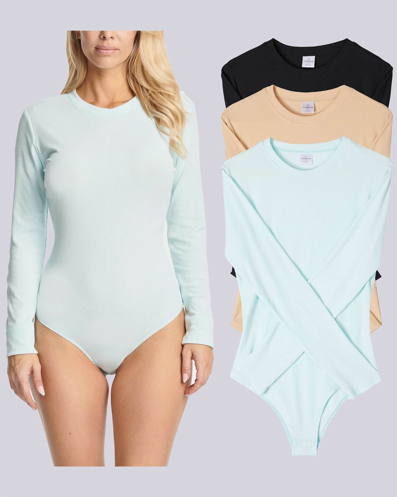 3 Pack: Women's Long Sleeve Ribbed Bodysuit