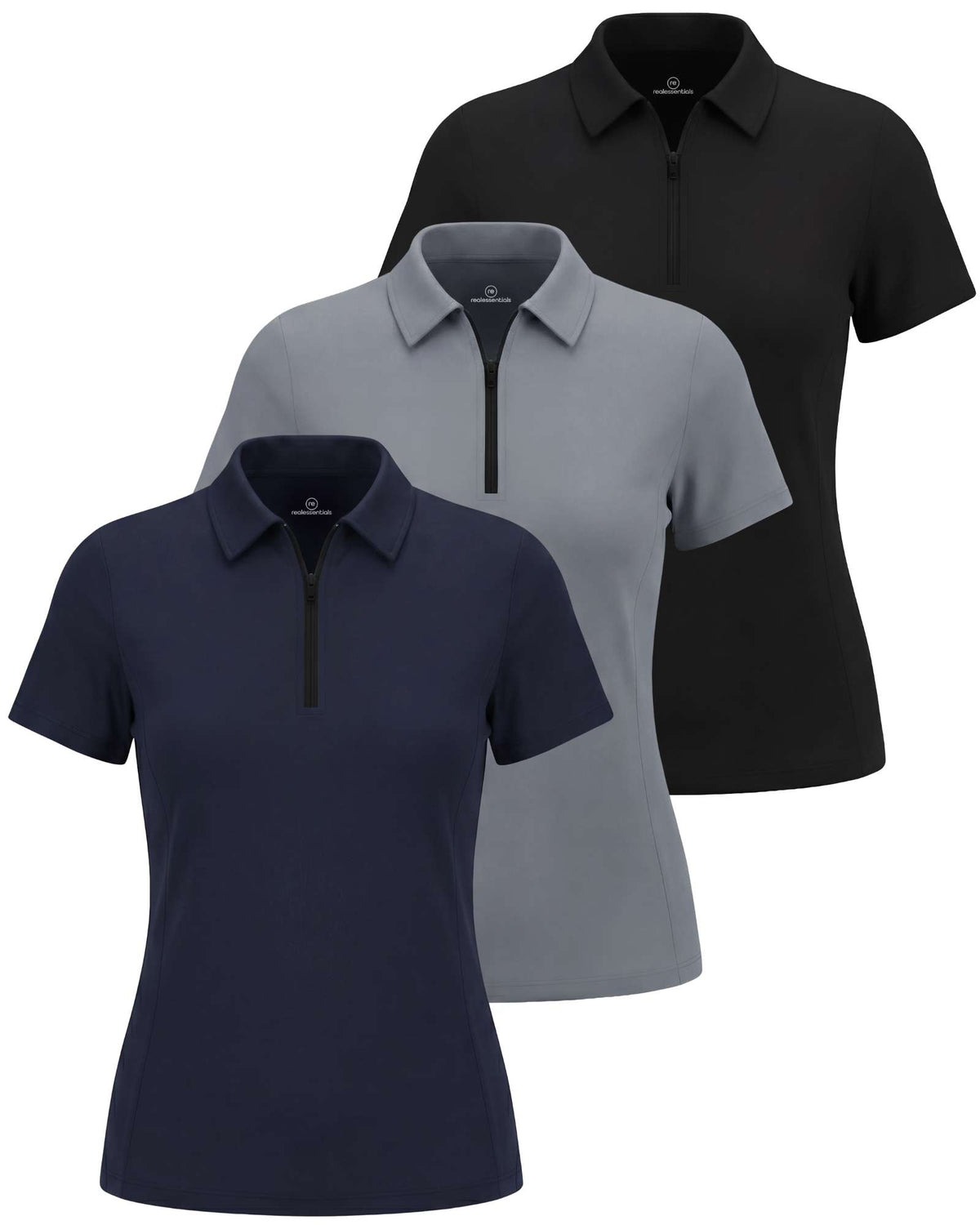 Real Essentials 3 Pack Women's Dry Fit Golf Polo Shirts with Zipper Short Sleeve Collared - Solid Black, Solid Navy Blazer, Solid Quiet Shade