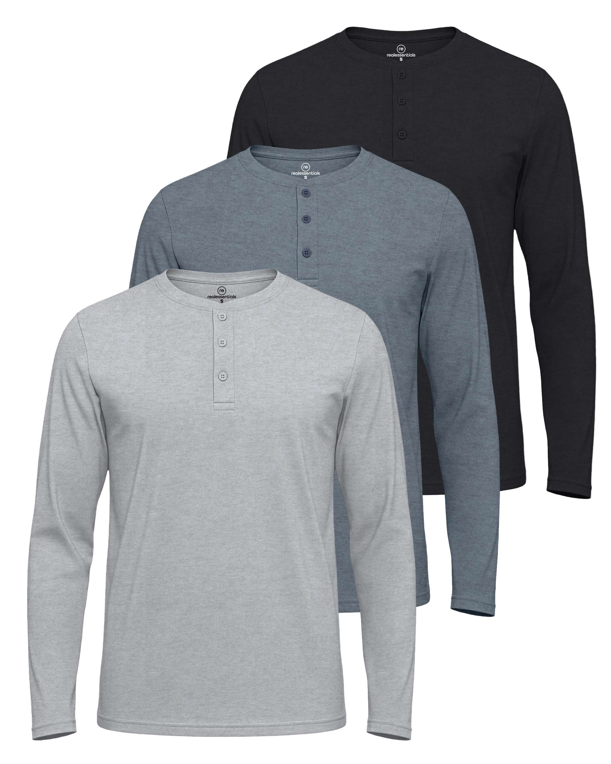 3 Pack: Mens Long Sleeve Cotton Henley T-Shirt