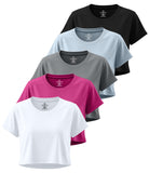 Real Essentials 5 Pack Women's Dry Fit Crop Top Workout T Shirts Short Sleeve Athletic Gym - Set 2