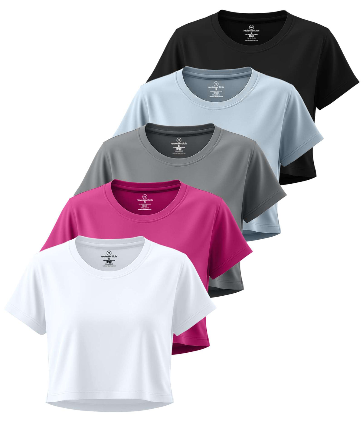 Real Essentials 5 Pack Women's Dry Fit Crop Top Workout T Shirts Short Sleeve Athletic Gym - Set 2