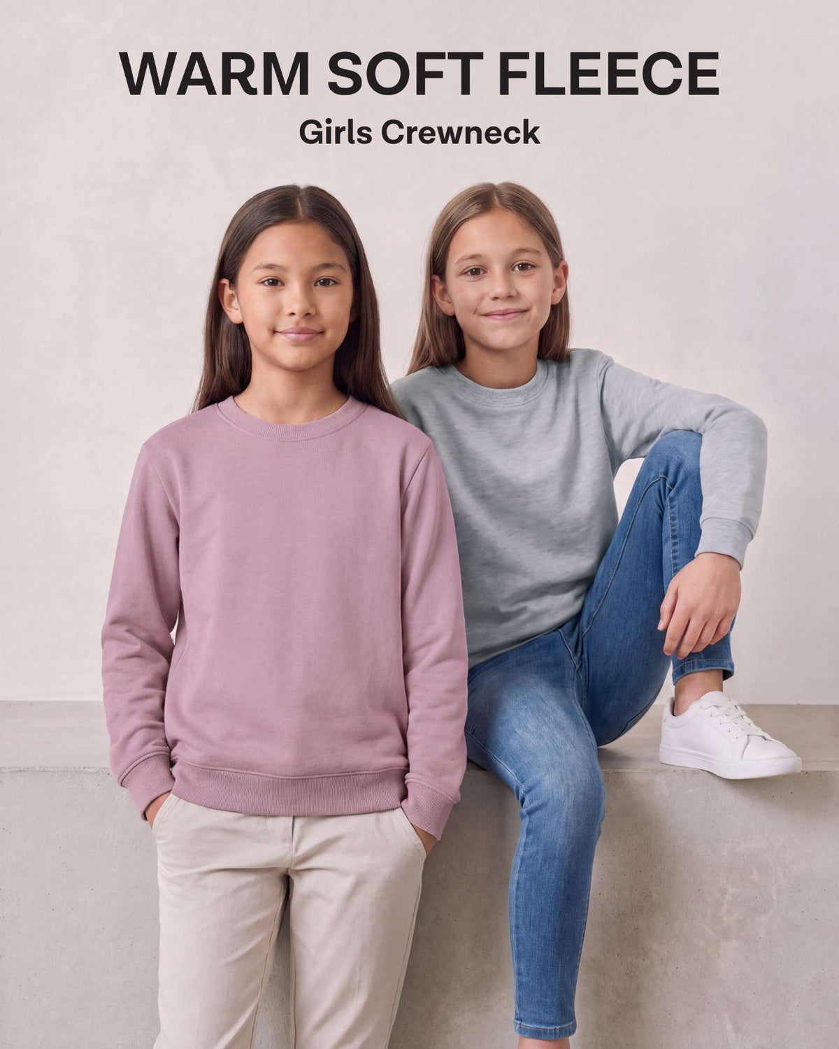 Real Essential 3 Pack Girls' Fleece Crewneck Sweatshirts Sweaters Kids Teens Pullover Tops - Solid Black, Solid Fragrant Lilac, Grey Heather