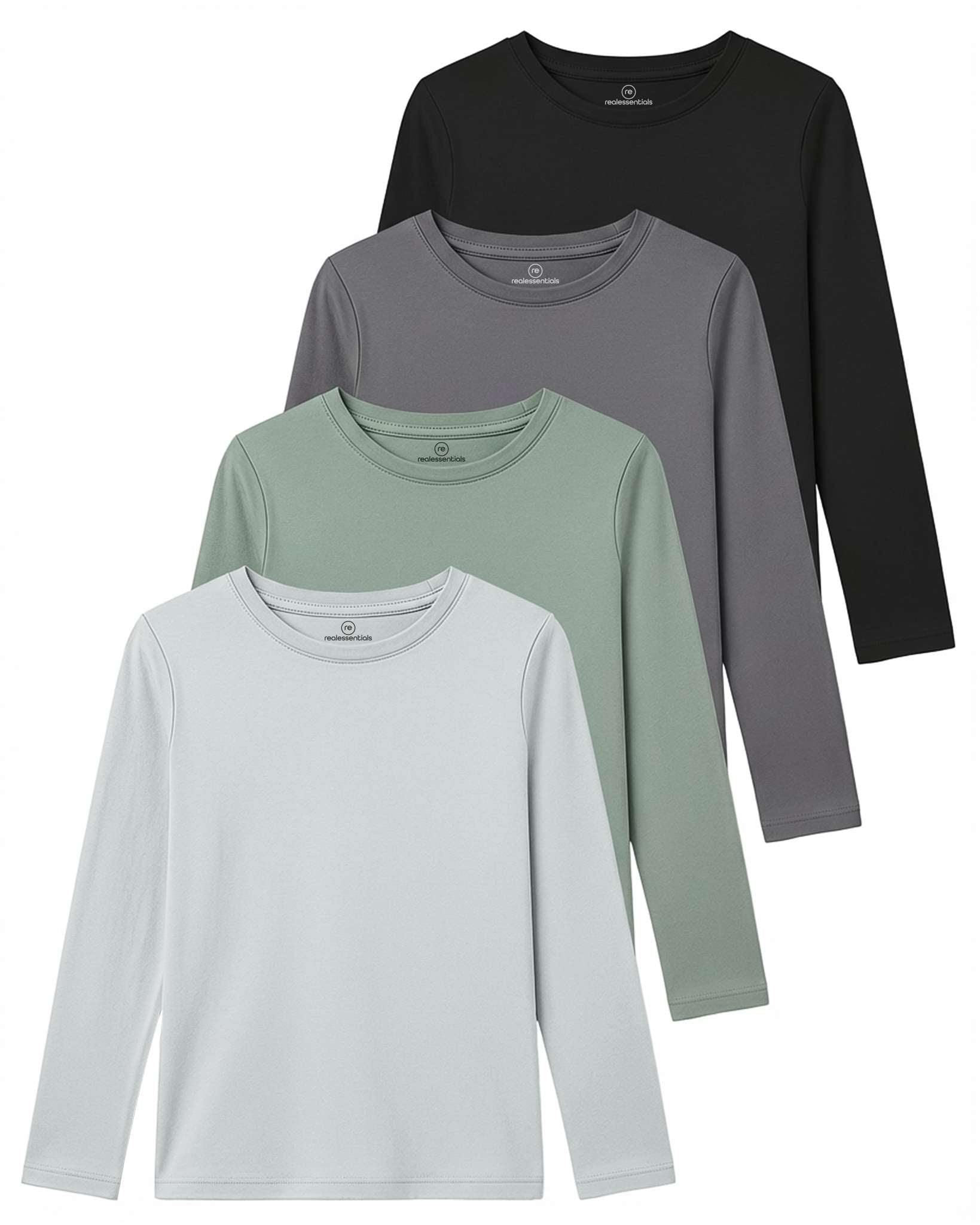4 Pack: Girls Cotton Long Sleeve T Shirts Teens Tops Athletic Tee Plain Basic Multipack Youth Kids