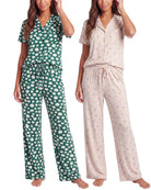 Real Essentials 2 Pack Women's Pajama Sets Lounge Set 2 Piece Button Up PJ Sleepwear Ladies - Mistletoe Flowers, Carinaria Hearts