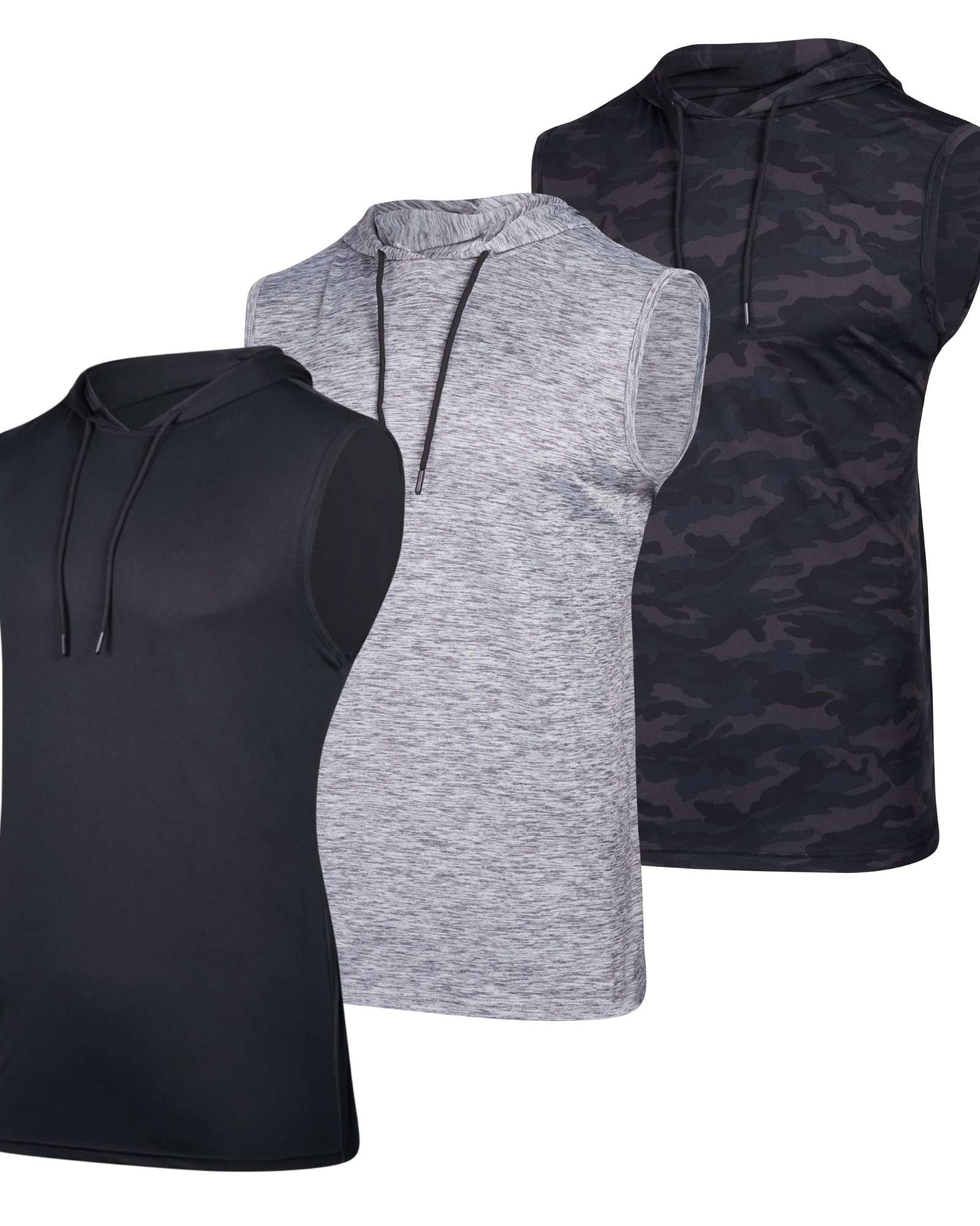 Real Essentials 3 Pack Men's Dry Fit Tank Top Hoodie Sleeveless Workout Gym Muscle Shirts - Set 5