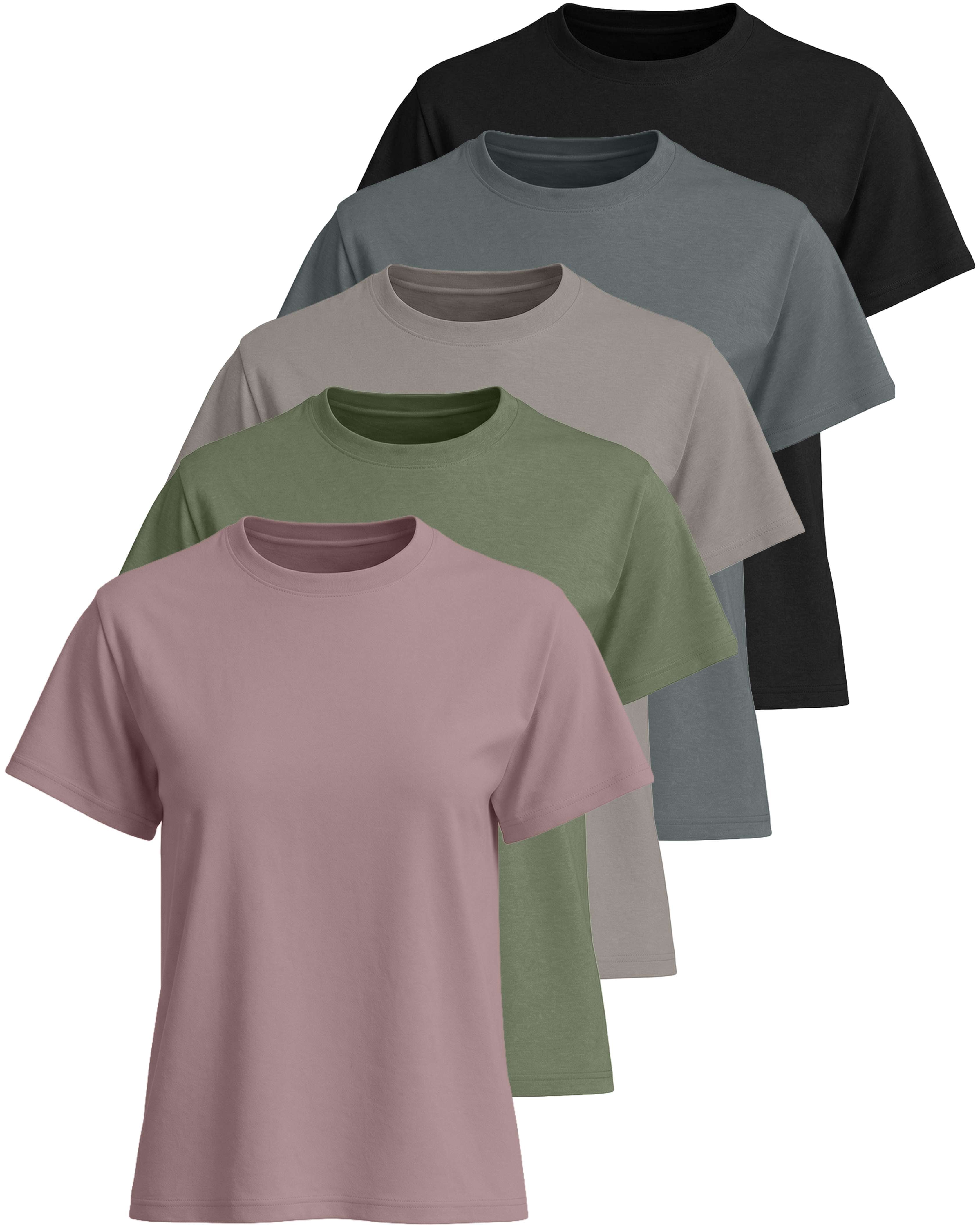 Real Essentials 5 Pack: Women’s 100% Cotton Relaxed Fit Short Sleeve T-Shirts Fashion Trendy Tees (Available in Plus Size)