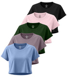 Real Essentials 5 Pack Women's Dry Fit Crop Top Workout T Shirts Short Sleeve Athletic Gym - Set 10