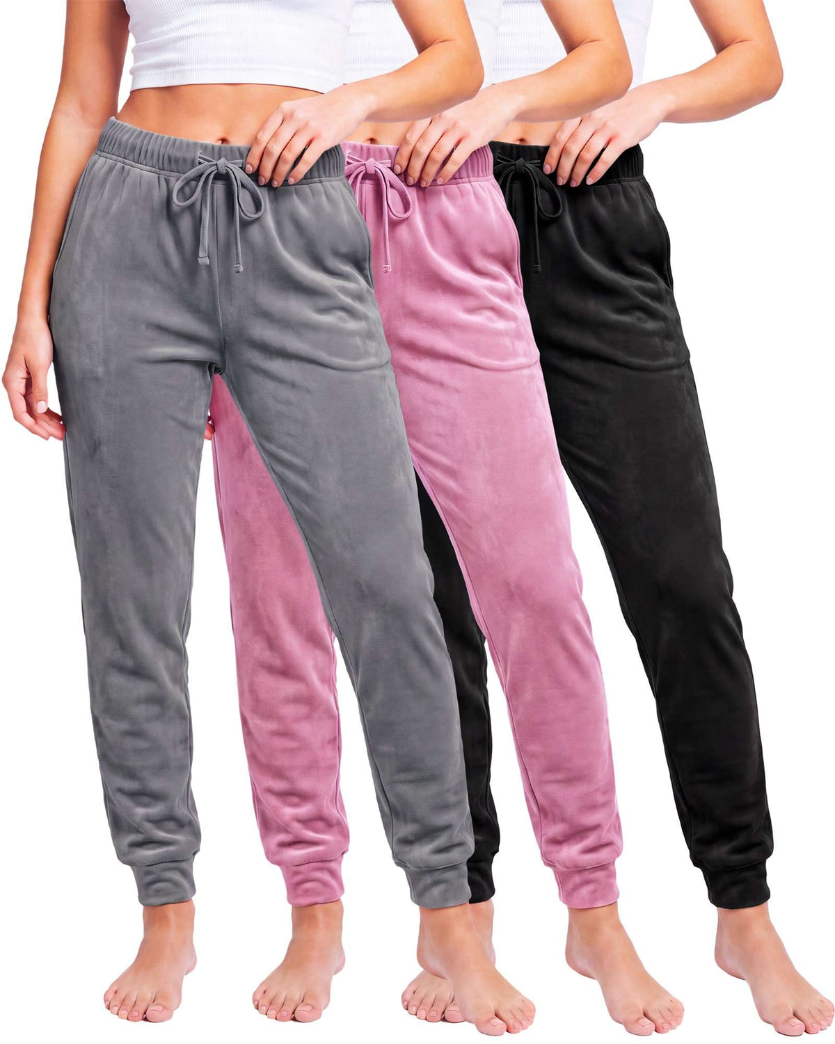 Real Essentials 3 Pack Women Velour Velvet Joggers Sweatpants Pants Cozy Lounge Pull On - Solid Black, Solid Cashmere Rose, Solid Quiet Shade