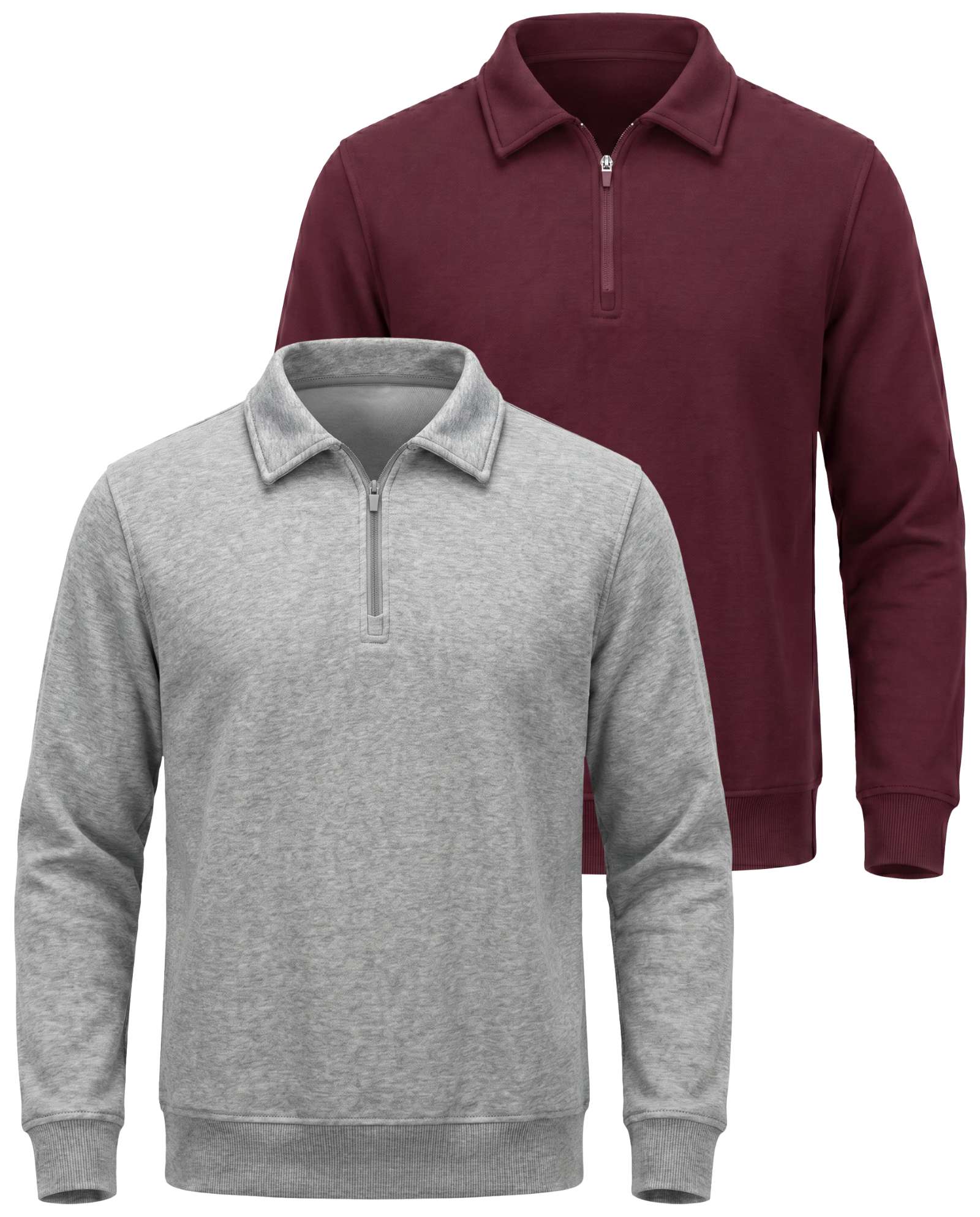 Real Essentials 2 Pack Mens Fleece Quarter Zip Sweatshirt Sweater Collared Long Sleeve Top - Solid Burgundy, Grey Heather