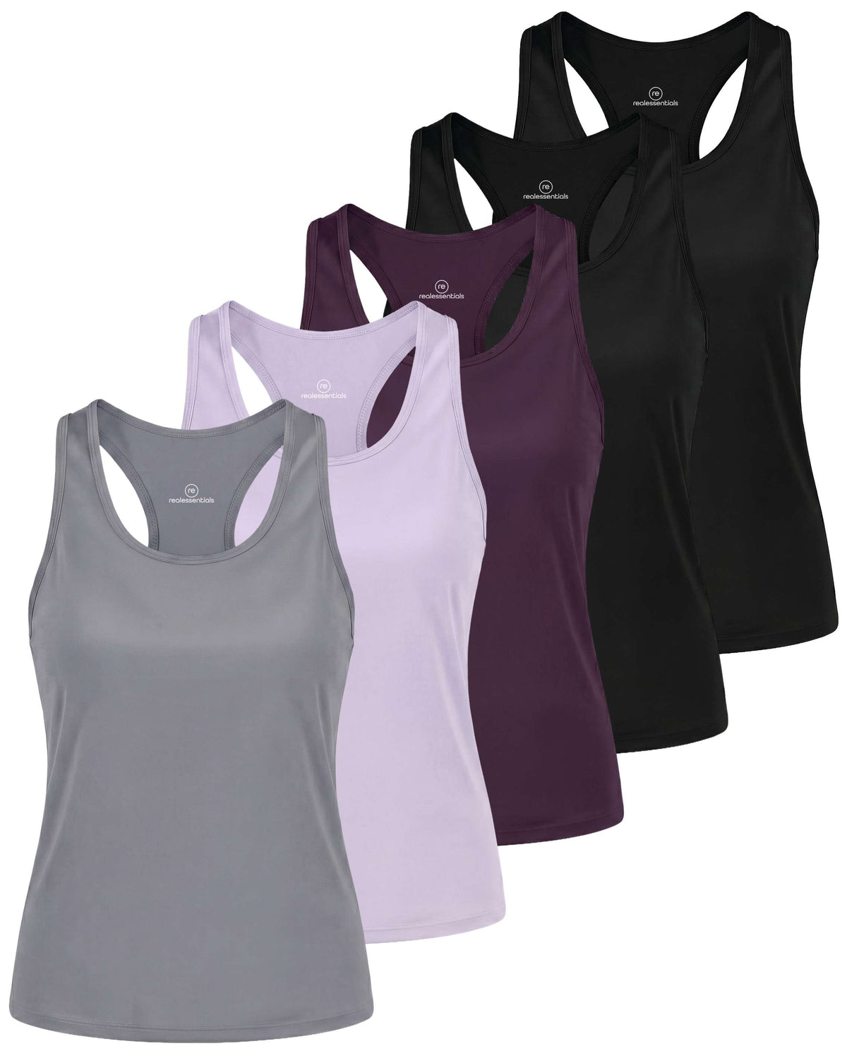 Real Essentials 5 Pack Women's Racerback Crop Tank Tops Dry Fit Workout Athletic Gym Yoga - Solid Black, Solid Black, Solid Plum Perfect, Solid Orchid Petal, Solid Ultimate Grey