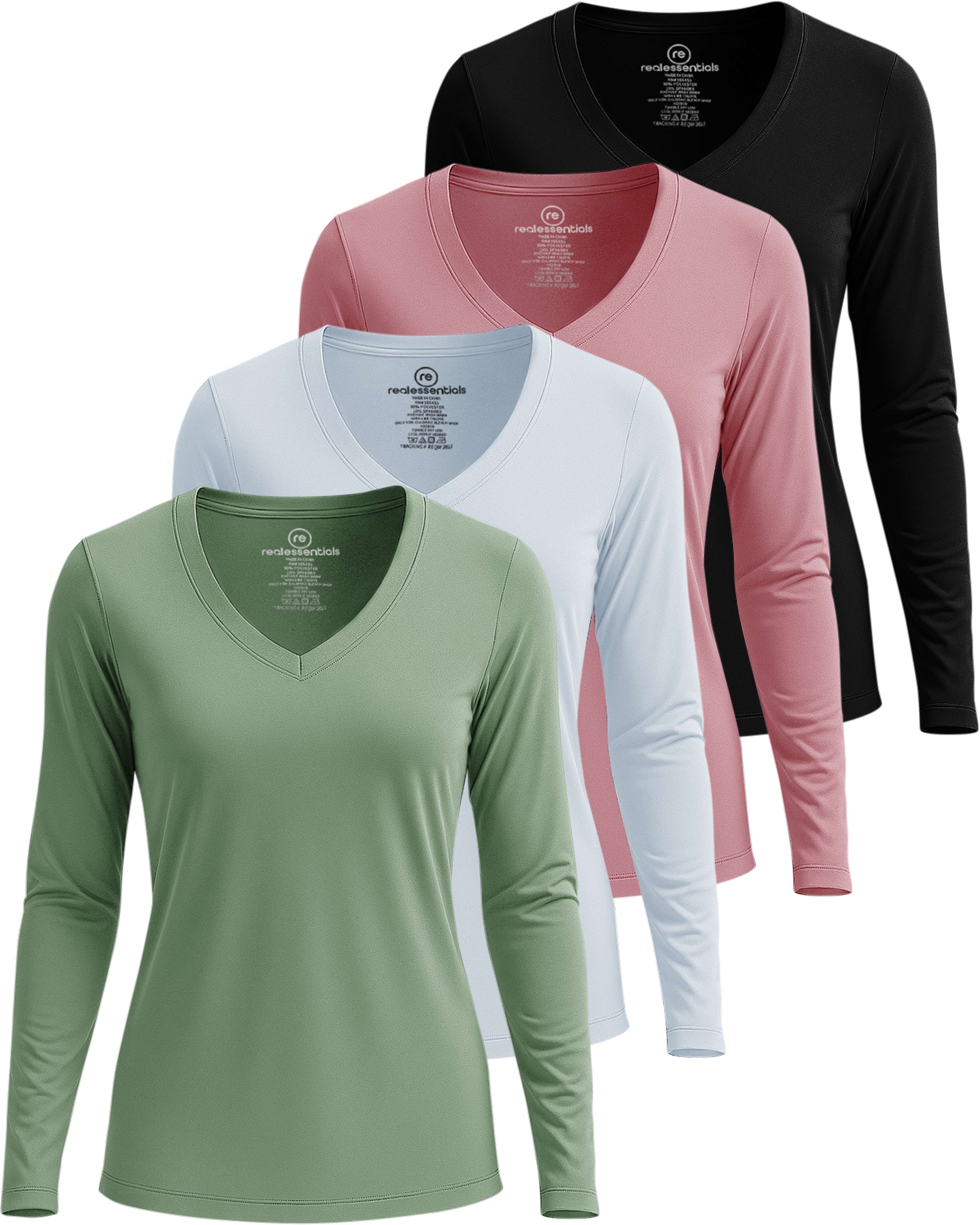 4 Pack: Women's Dry-Fit Long-Sleeve V-Neck Athletic Workout Shirt (Available in Plus Size)