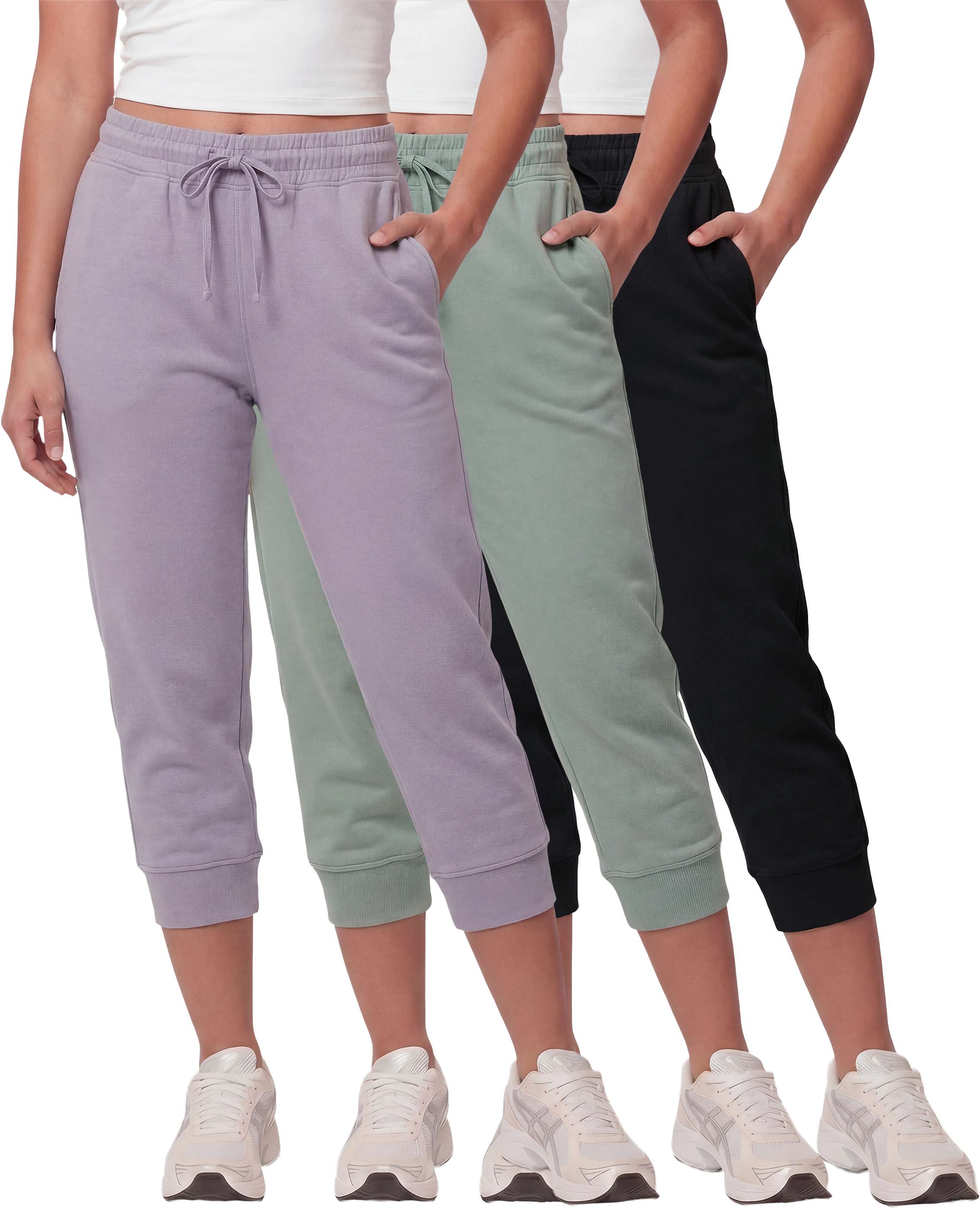 Real Essentials 3 Pack: Women’s Fleece Capri Joggers Athletic Lounge Gym Running Sweatpants with Pockets