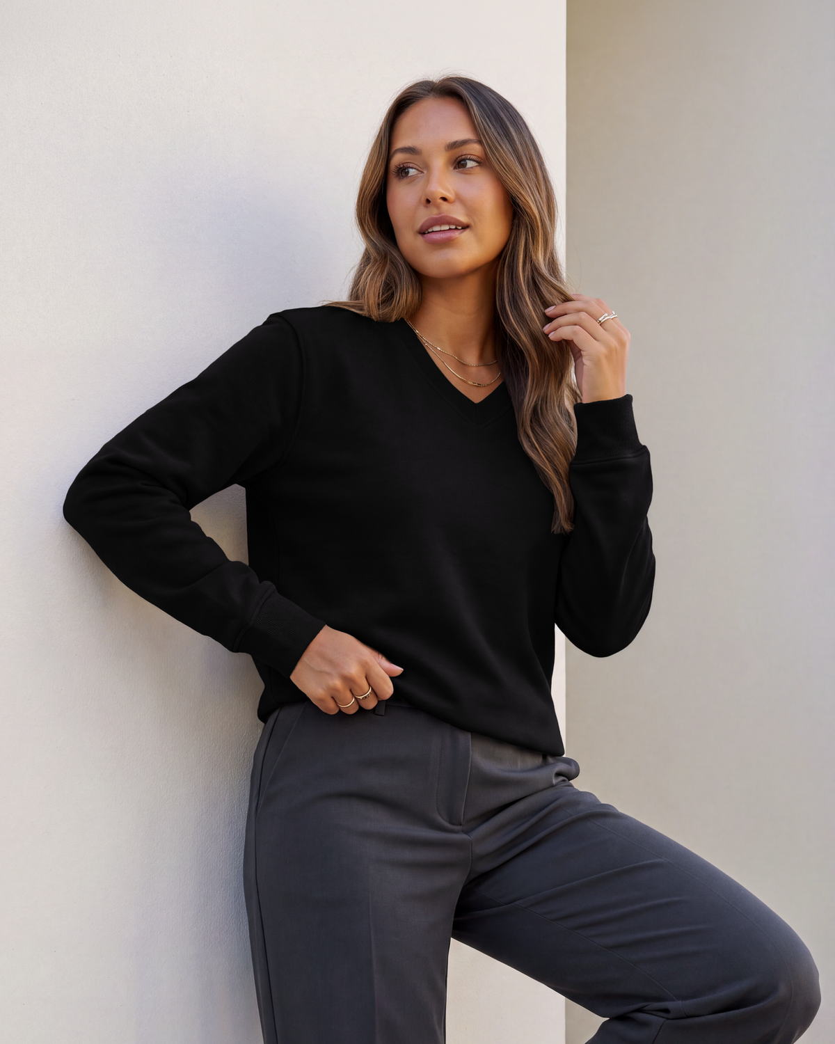 Real Essentials 3 Pack Womens Fleece V Neck Sweatshirt Pullover Sweaters Long Sleeve Top - Solid Black, Solid Chocolate Torte, Solid Moonbeam