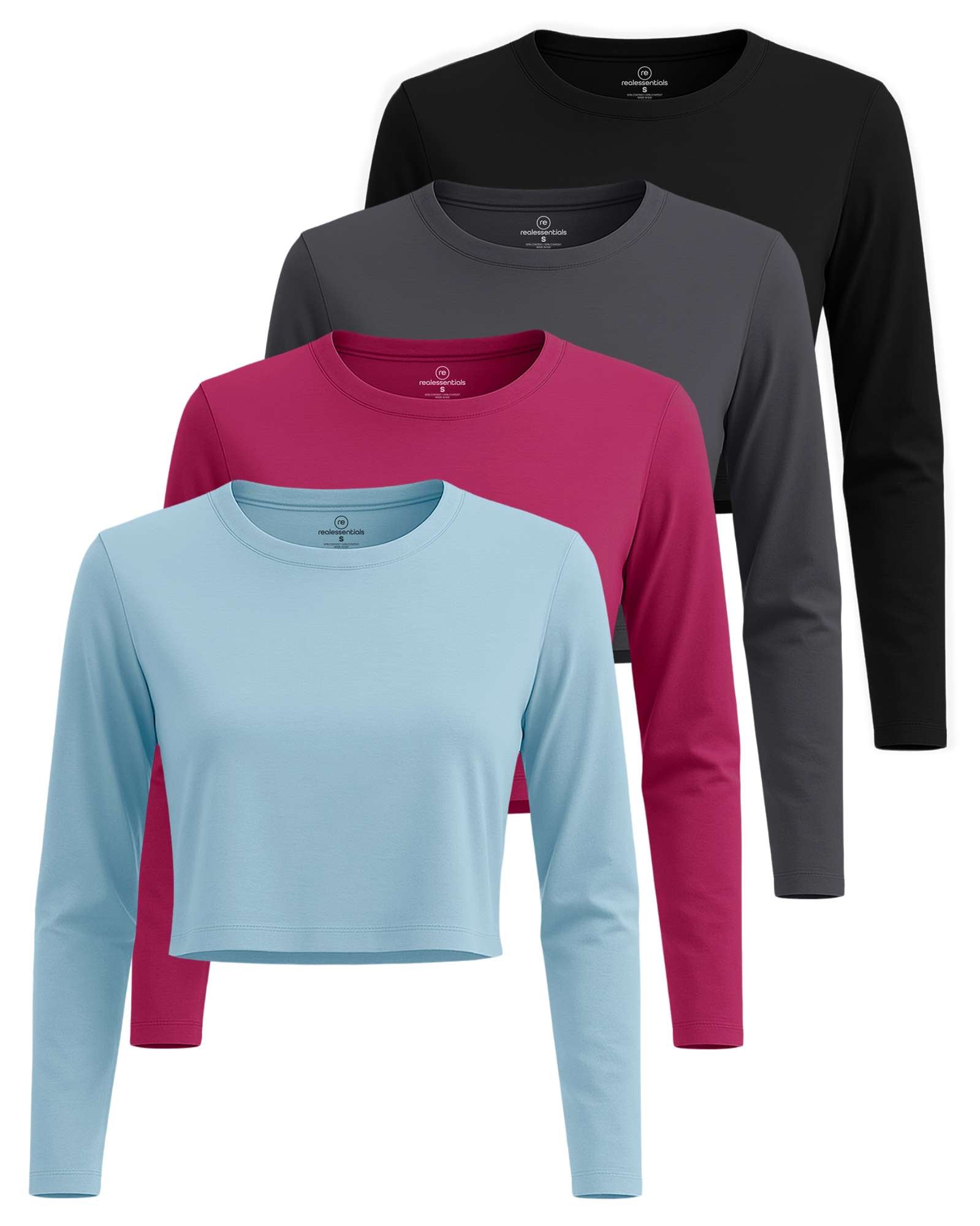 4 Pack: Women's Long Sleeve Crew Crop Top ( Available in Plus Size)