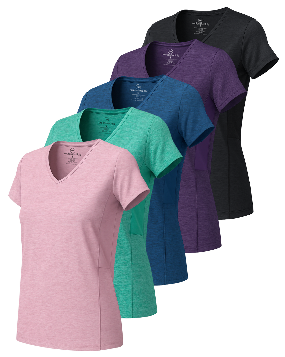 Real Essentials 5 Pack Womens Dry Fit V Neck Workout Tops Athletic T Shirts Gym Yoga Tees - Set 15