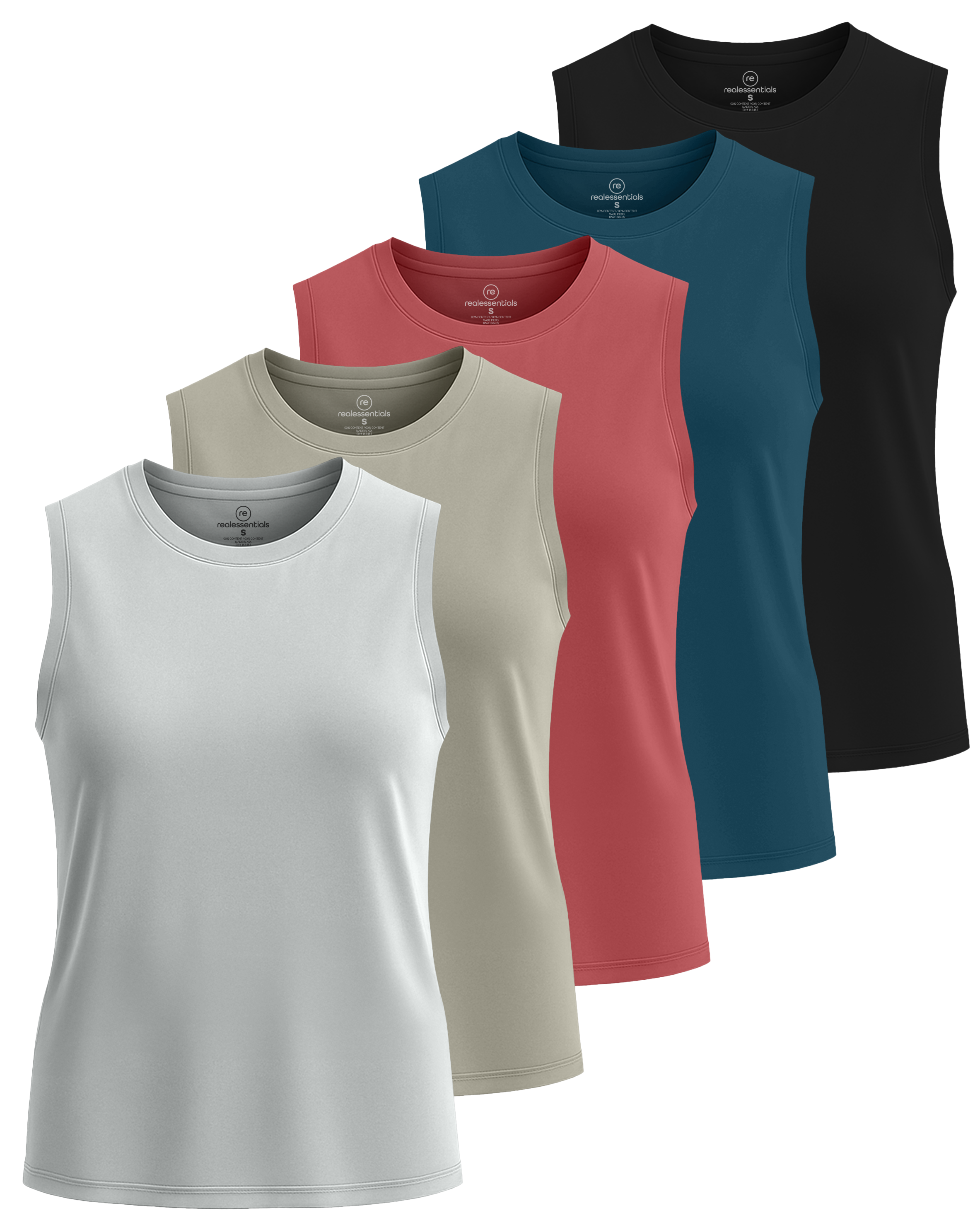 Real Essentials 5 Pack: Women's Dry-Fit Tank Top - Racerback Sleeveless T-Shirt Athletic Workout Gym Shirt (Plus Available)