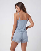Real Essentials 2 Pack Women's Pajama Sets 2 Piece Lace Trim Cami Tank Shorts Sleepwear PJs - Solid Ballad Blue, Solid Pale Lilac