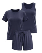 Real Essentials 3 Pack Women's Pajama Sets 3 Piece Crew Tee Tank Top Sleep Shorts Sleepwear - Solid Navy Blazer