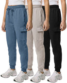 Real Essentials 3 Pack Girls Fleece Cargo Joggers Sweatpants Kids Pants Teen Girl Athletic - Solid Black, Solid Dove, Solid Copen Blue