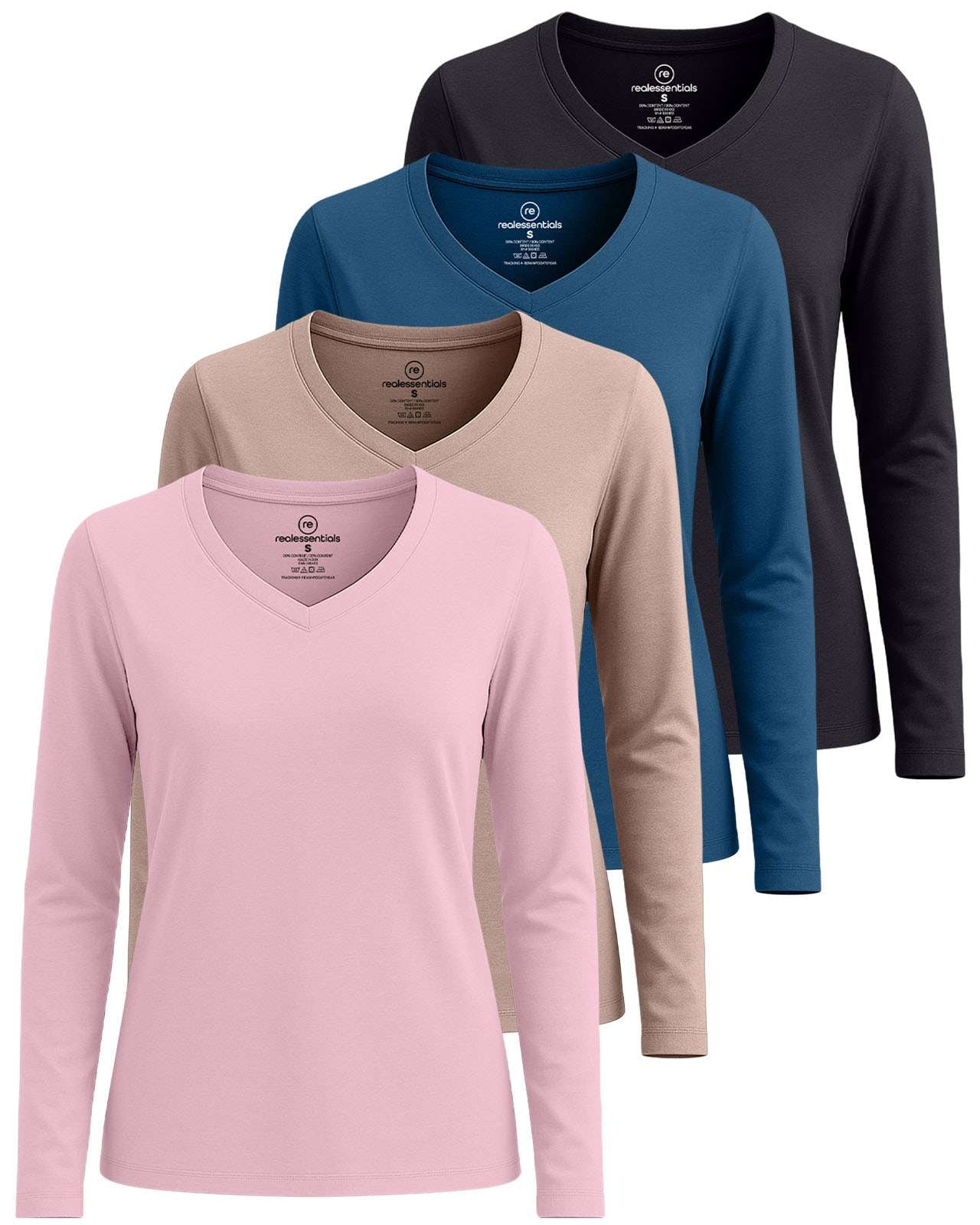 Real Essentials 4 Pack: Women’s Cotton Long Sleeve V-Neck T-Shirts – Soft Casual Lounge Tee Tops (Available in Plus)