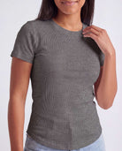Real Essentials 3 Pack Women's Cotton Ribbed Tshirts Short Sleeve Crew Neck Tees Basic Tops - Solid Black, Solid Navy Blazer, Charcoal Heather