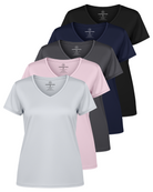 Real Essentials 5 Pack Womens Dry Fit V Neck Workout Tops Athletic T Shirts Gym Yoga Tees - Set 6