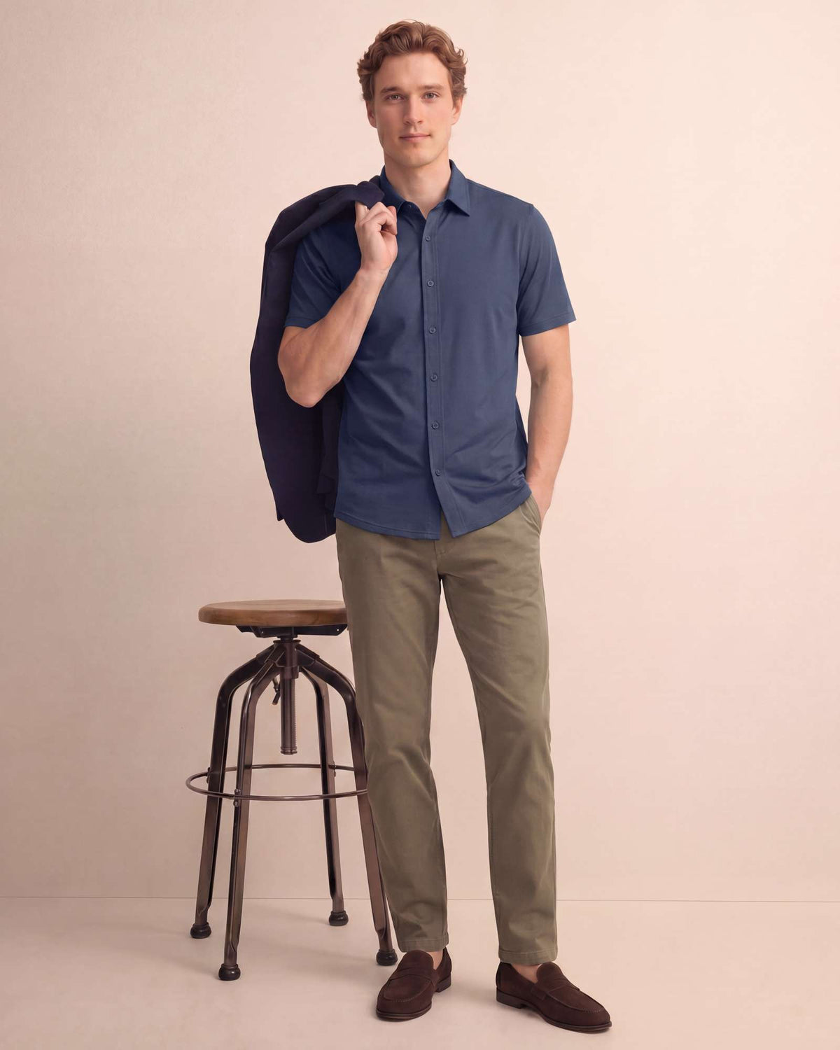 Real Essentials 3 Pack Men's Cotton Short Sleeve Button Down Casual Work Shirt Button Up - Solid Vintage Indigo