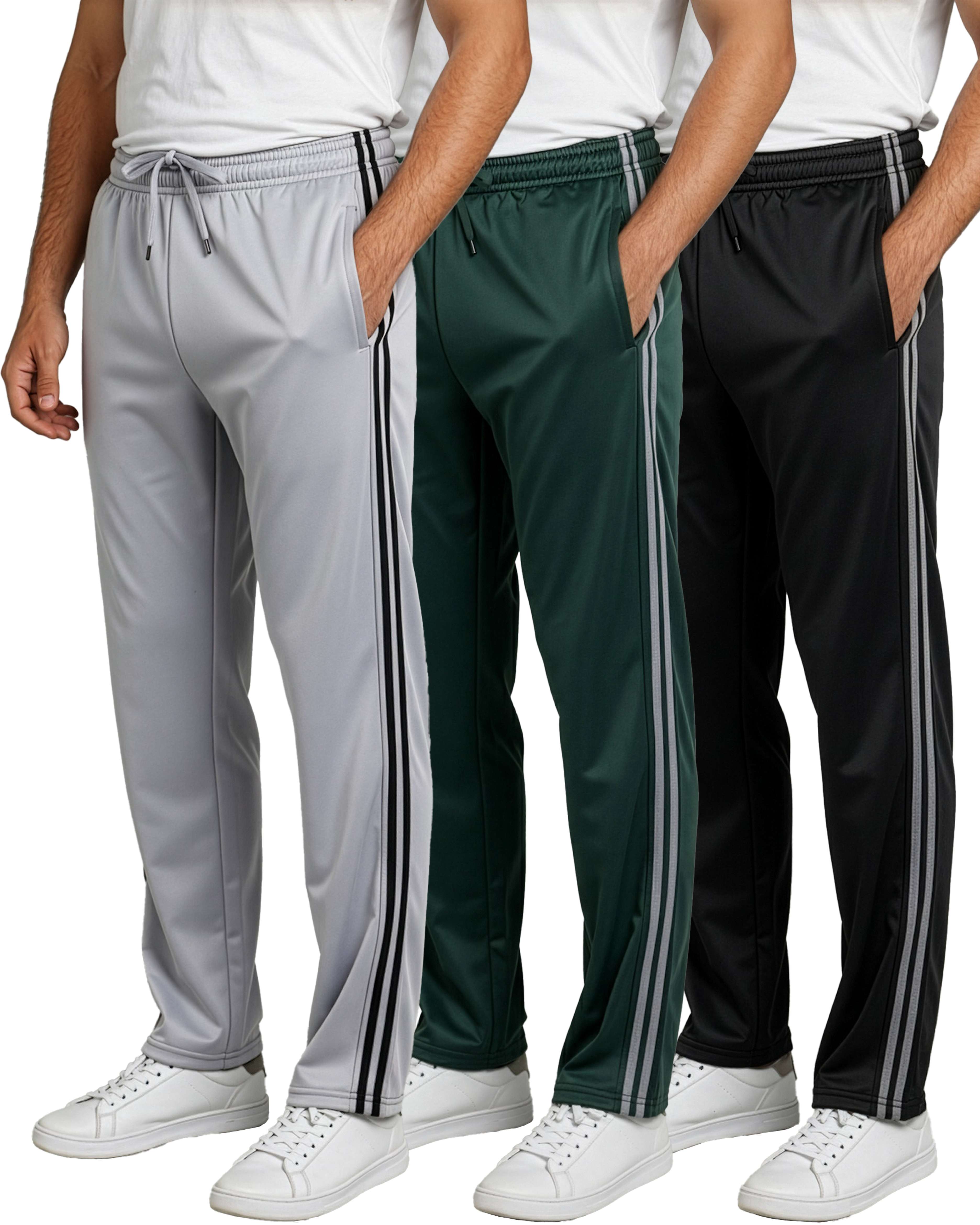 3 Pack: Mens Active Athletic Casual Tricot Open Bottom Sweatpants with Pockets (Available in Big & Tall)