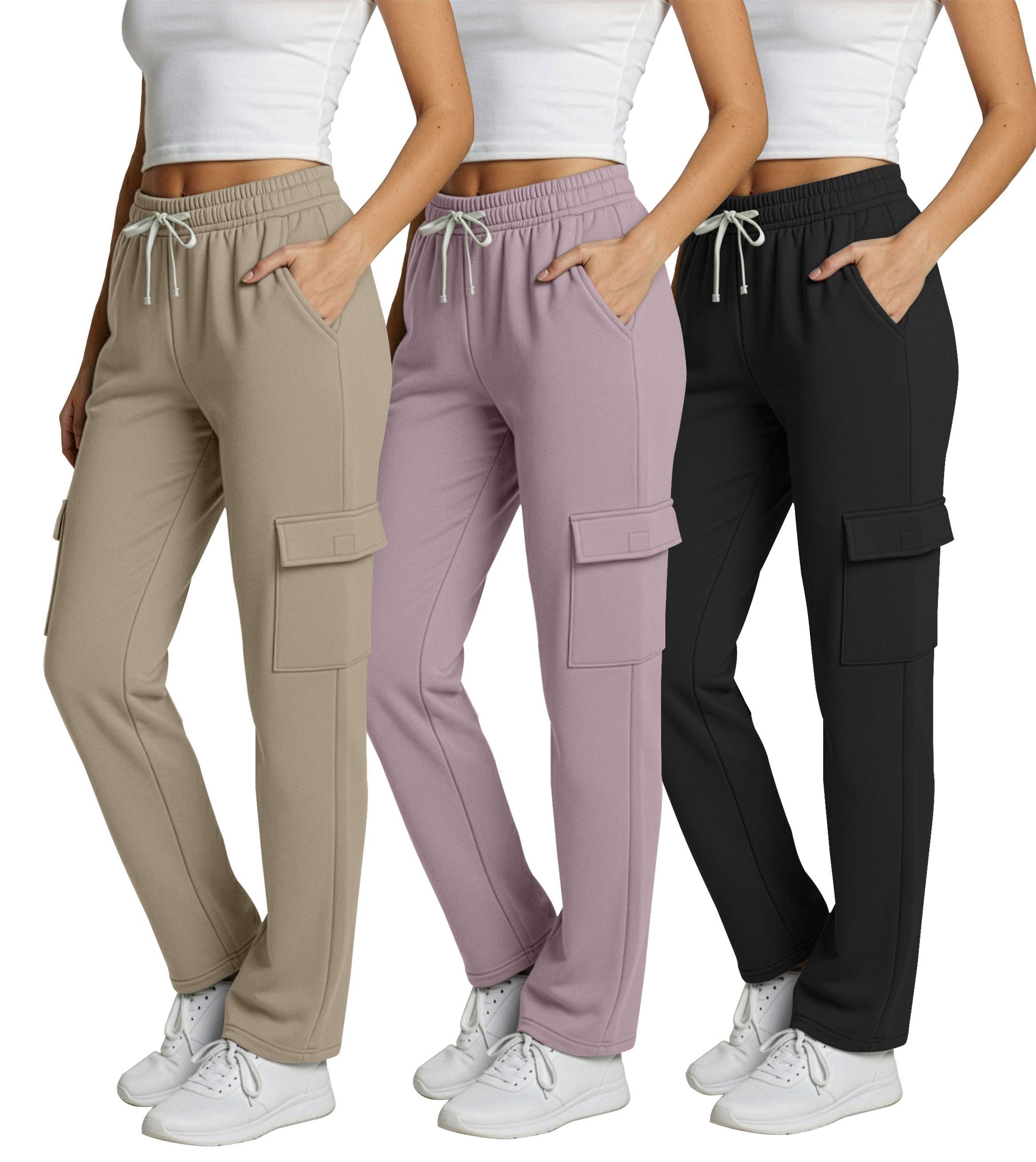 Real Essentials 3 Pack: Women's Fleece Cargo Sweatpants, Open Bottom Lounge & Athletic Casual Pants with Pockets