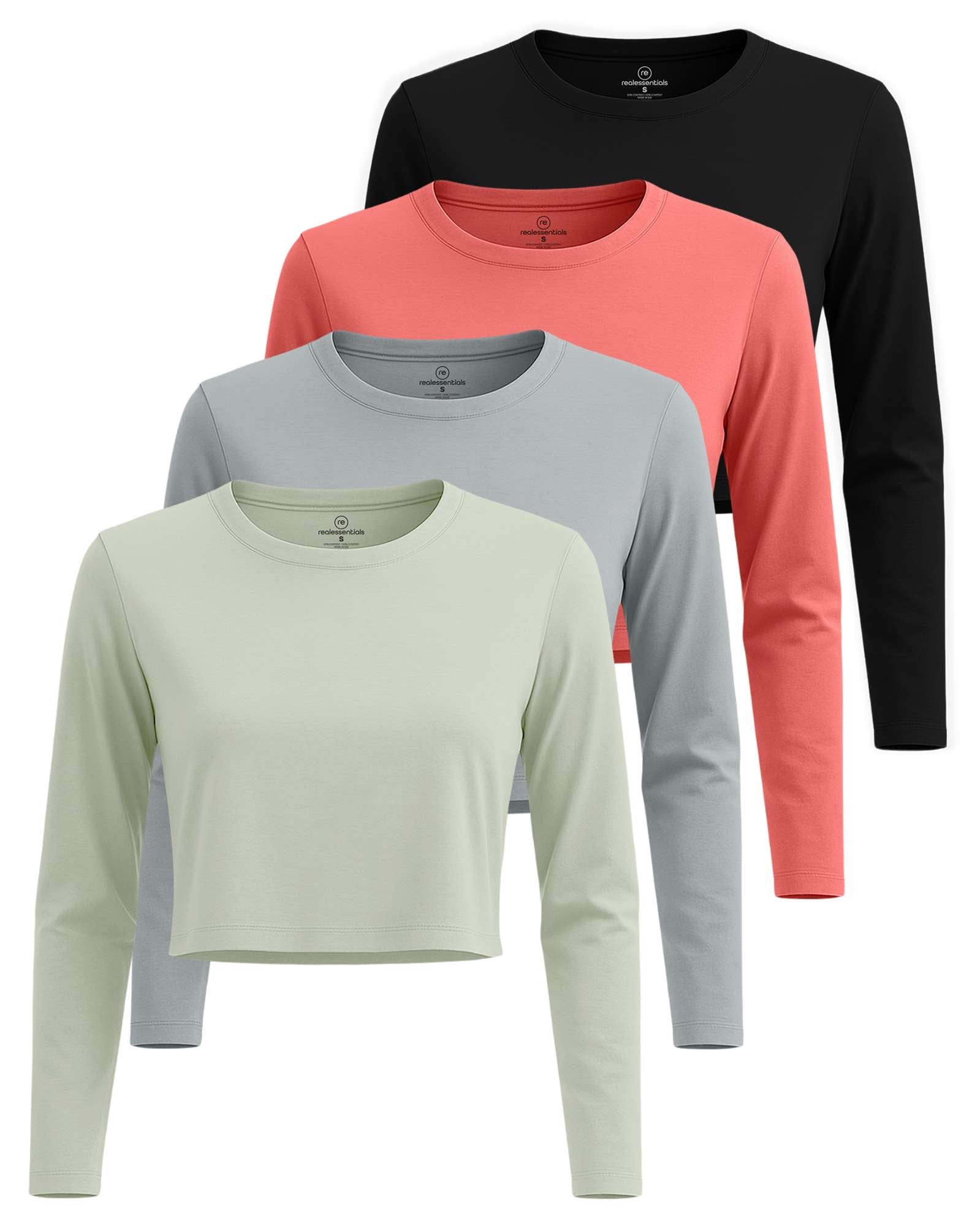4 Pack: Women's Long Sleeve Crew Crop Top ( Available in Plus Size)