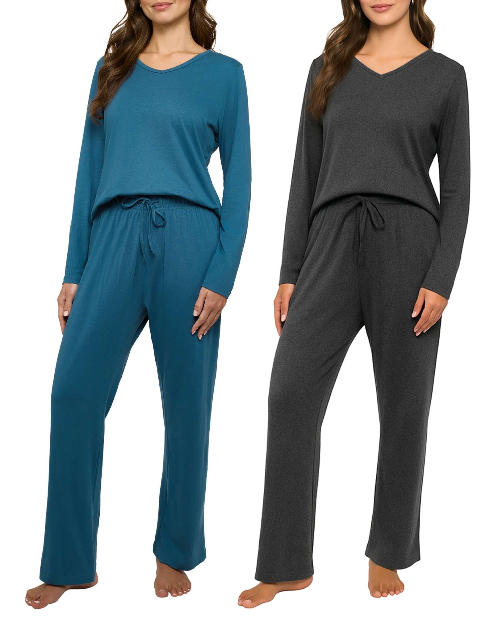 Real Essentials 2 Pack Women's Soft Cotton Long Sleeve Pajama Set with Pants - Lounge Sets for Women (Available In Plus)