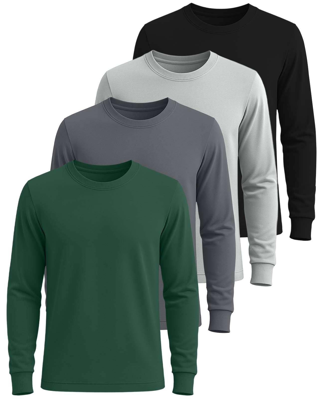 Real Essentials 4 Pack: Men's Cotton Long Sleeve Crew Neck T-Shirt - Soft Work Casual Jersey Tees