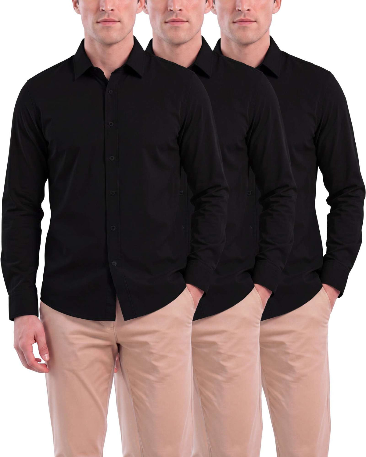 Real Essentials Men's Long Sleeve Cotton Button Down Shirts Casual Work Business Tops - Solid Black, Solid Black, Solid Black