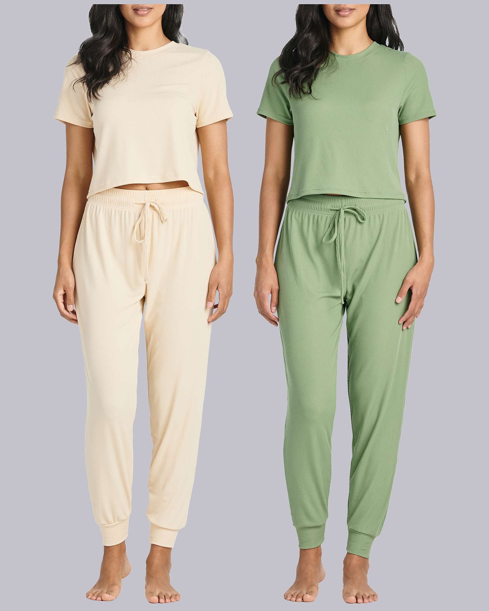 2 Pack: Women's Ribbed Knit Cropped Top with Jogger Sweatpants