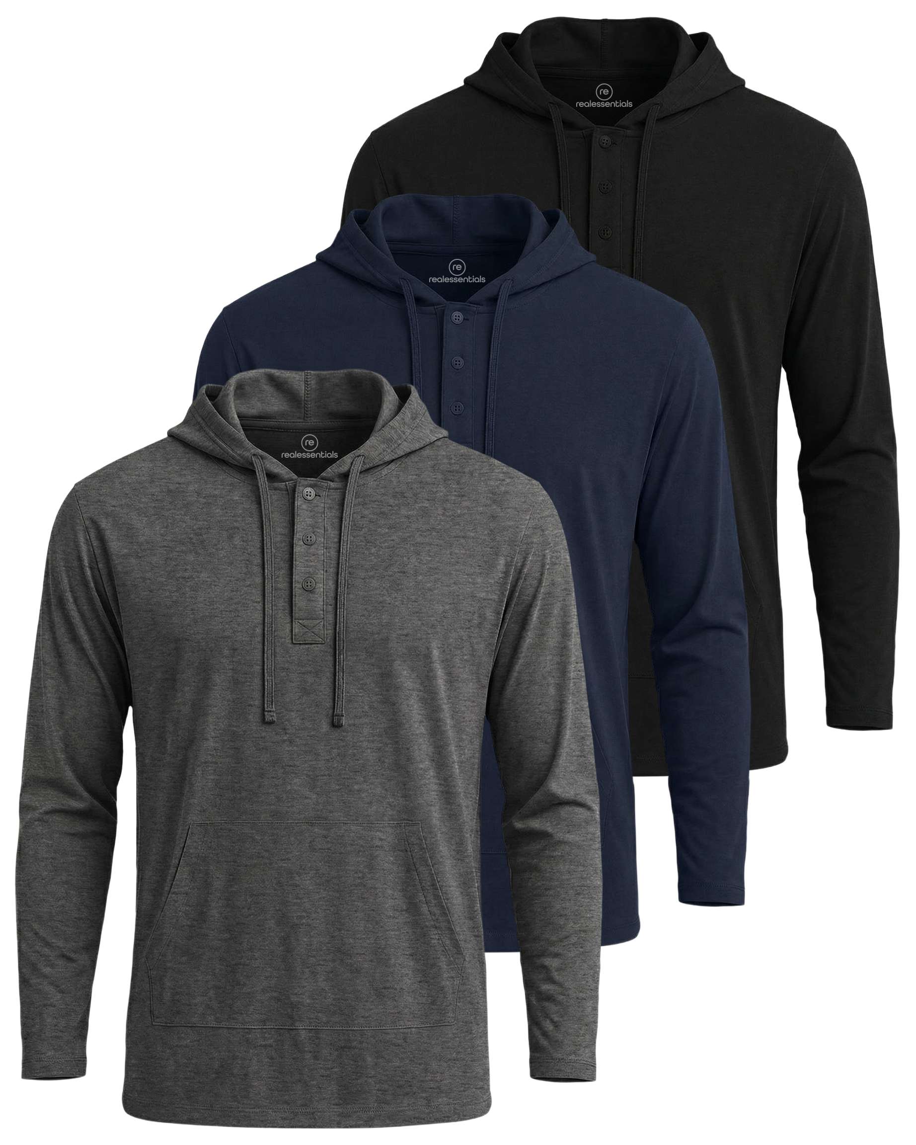 Real Essentials 3 Pack: Men's Cotton Henley Pullover Hoodie Lightweight Casual Long Sleeve Hooded Sweatshirt (Big & Tall)