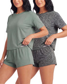 Real Essentials 2 Pack Women's Pajama Sets 2 Piece Boxy Tee Sleep Shorts PJs Sleepwear Cute - Charcoal Heather, Solid Iceberg Green