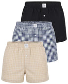 Real Essentials 3 Pack Mens Cotton Pajama Shorts Poplin Woven Lounge Sleep PJs with Pockets - Solid Black, Vintage Indigo Plaid, Moonbeam Check