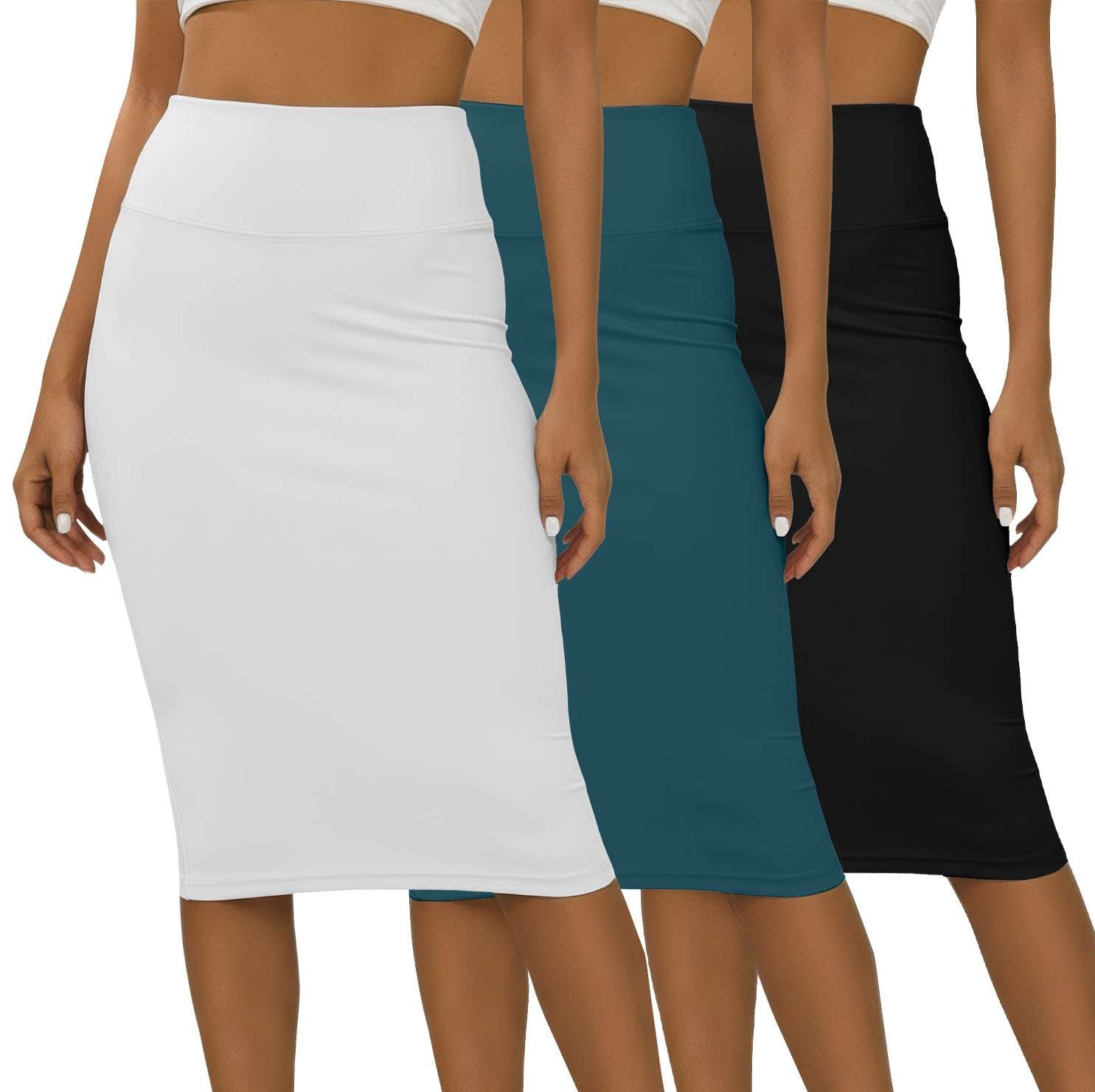 Real Essentials 3 Pack: Womens Soft Midi Skirt – High Waisted Pencil Work Office Business Casual Skirts with Back Slit Plus
