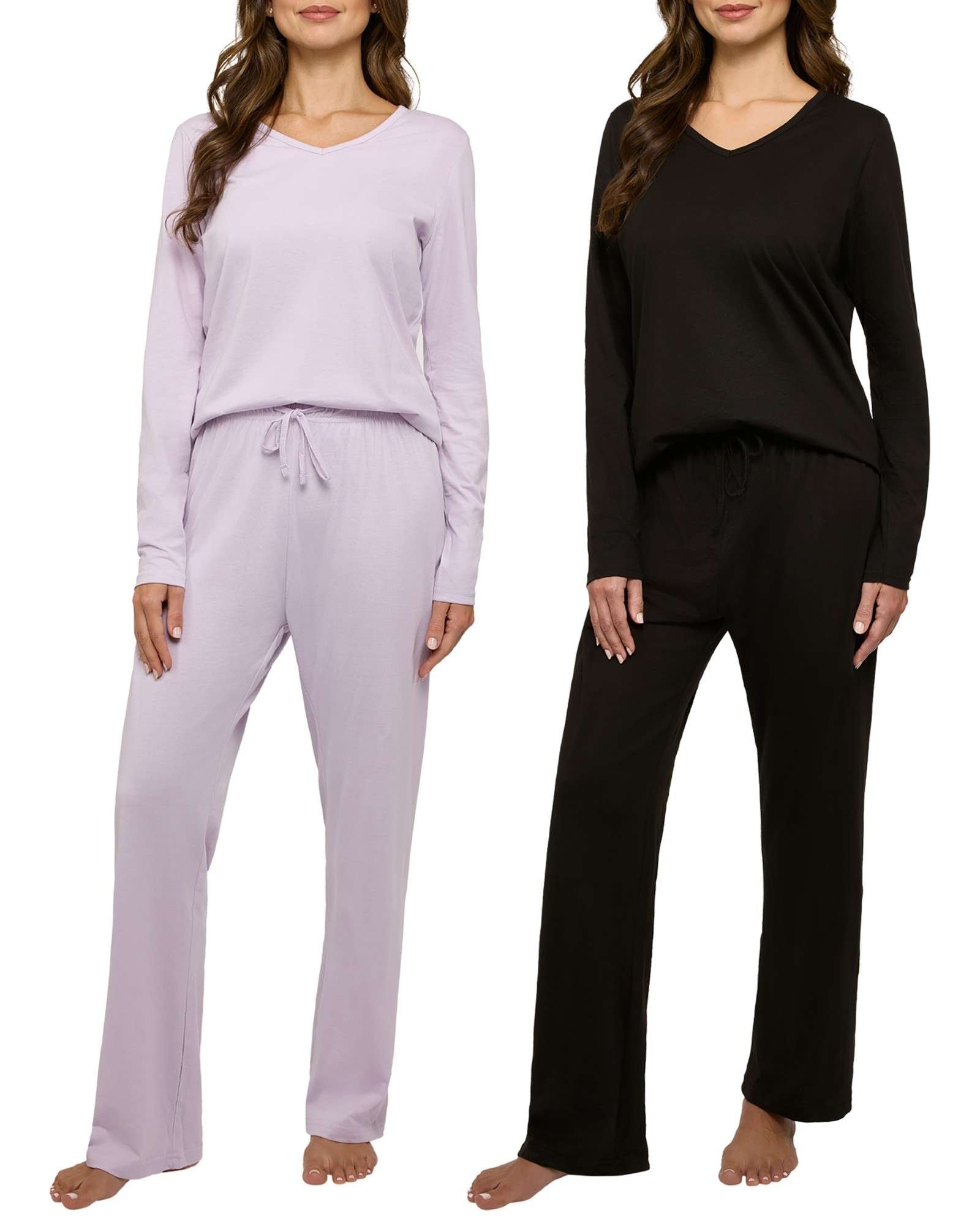Real Essentials 2 Pack Women's Soft Cotton Long Sleeve Pajama Set with Pants - Lounge Sets for Women (Available In Plus)