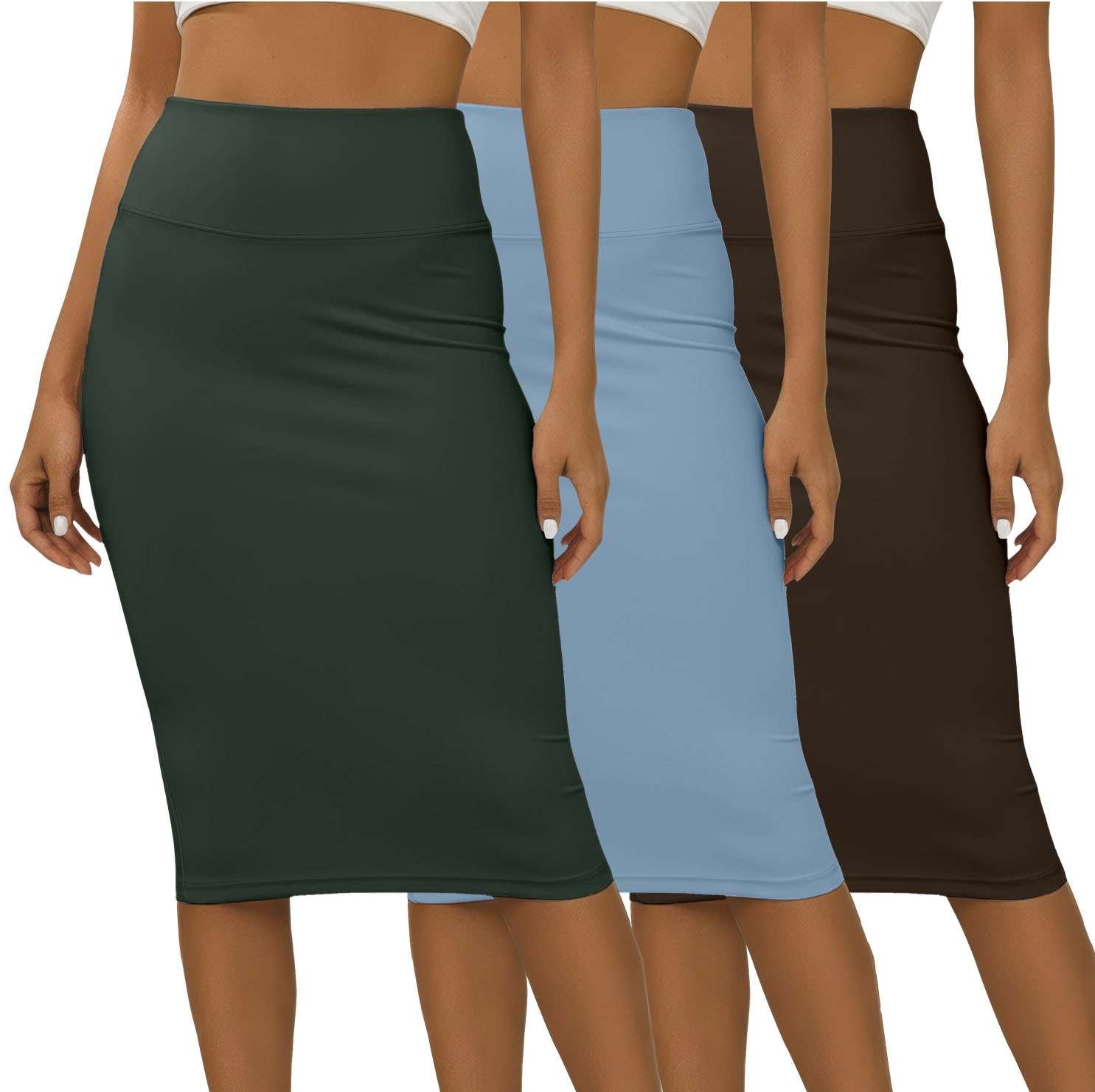 Real Essentials 3 Pack: Womens Soft Midi Skirt – High Waisted Pencil Work Office Business Casual Skirts with Back Slit Plus