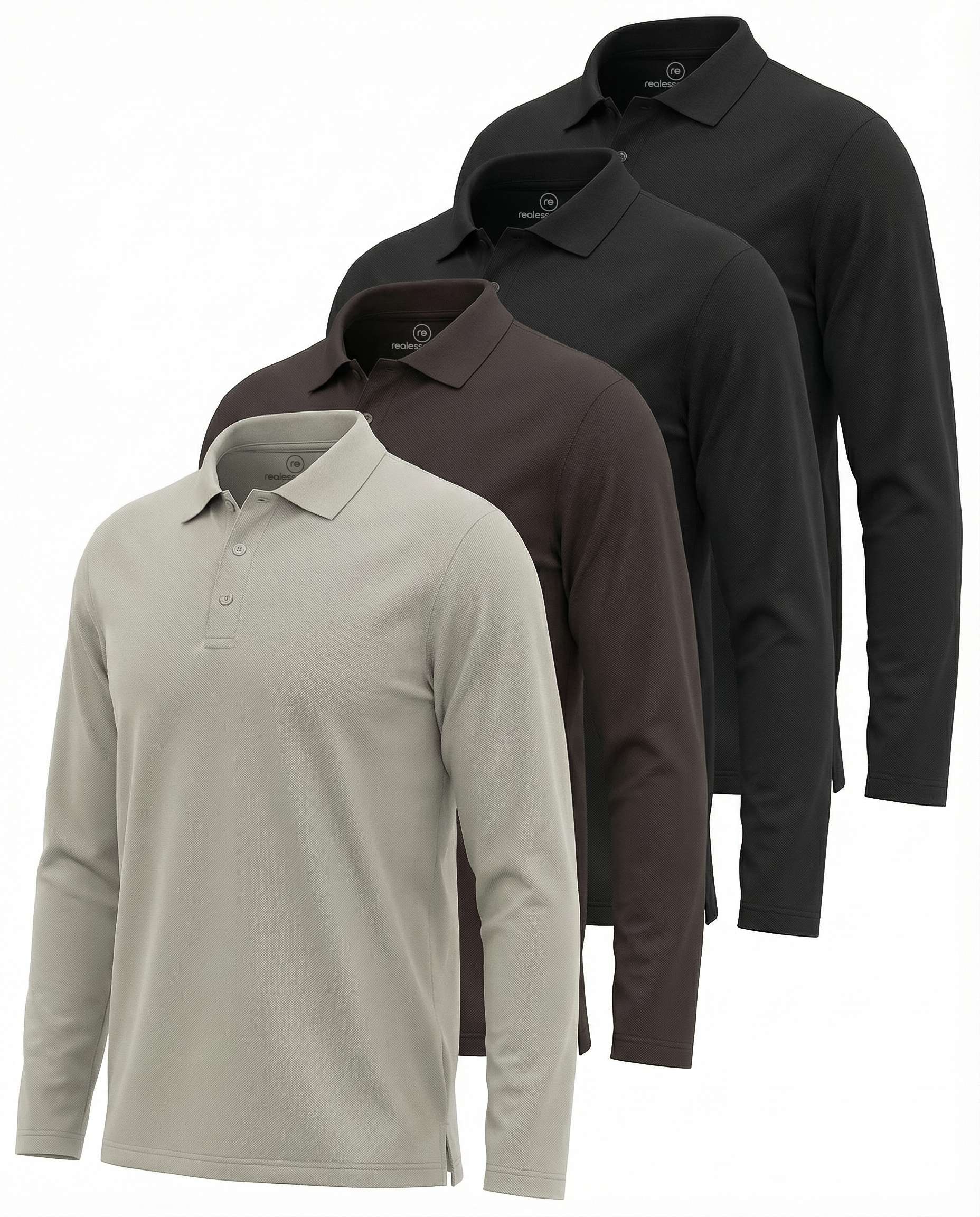 Real Essentials 4 Pack: Men's Long Sleeve Polo Shirts for Men - Cotton Pique Collared Athletic Golf Shirt Work & Casual